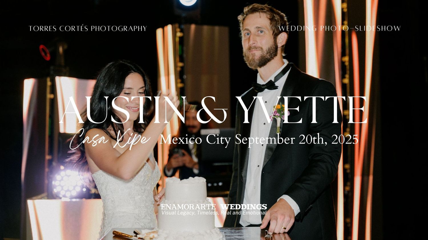 Wedding ceremony banner with warm lighting and decorative text overlay.