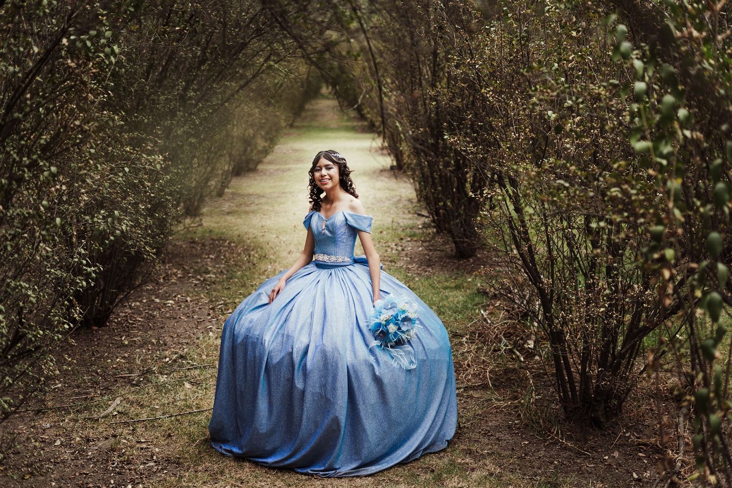 A person in a flowing blue ballgown stands on a tree-lined path in a garden setting.