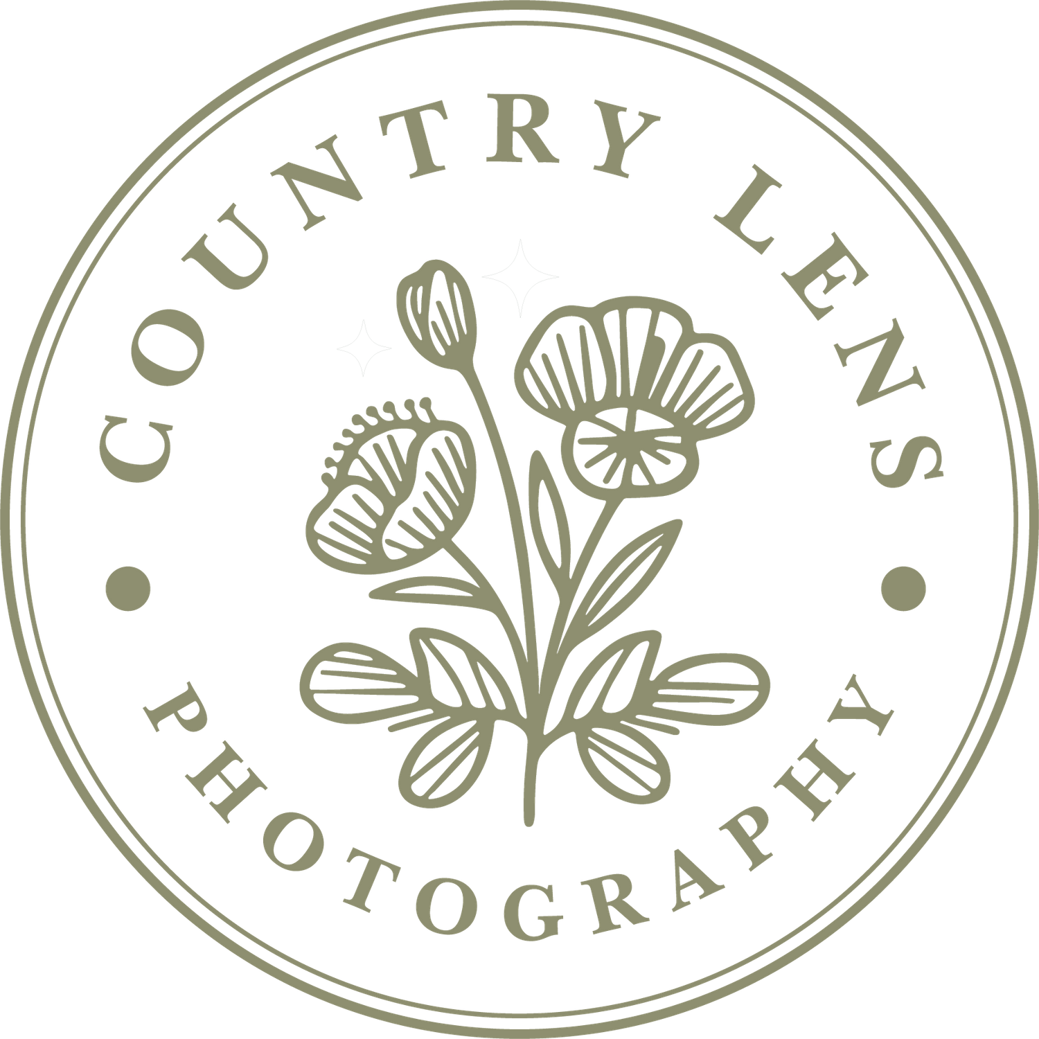Circular vintage-style logo design featuring floral illustrations and text.