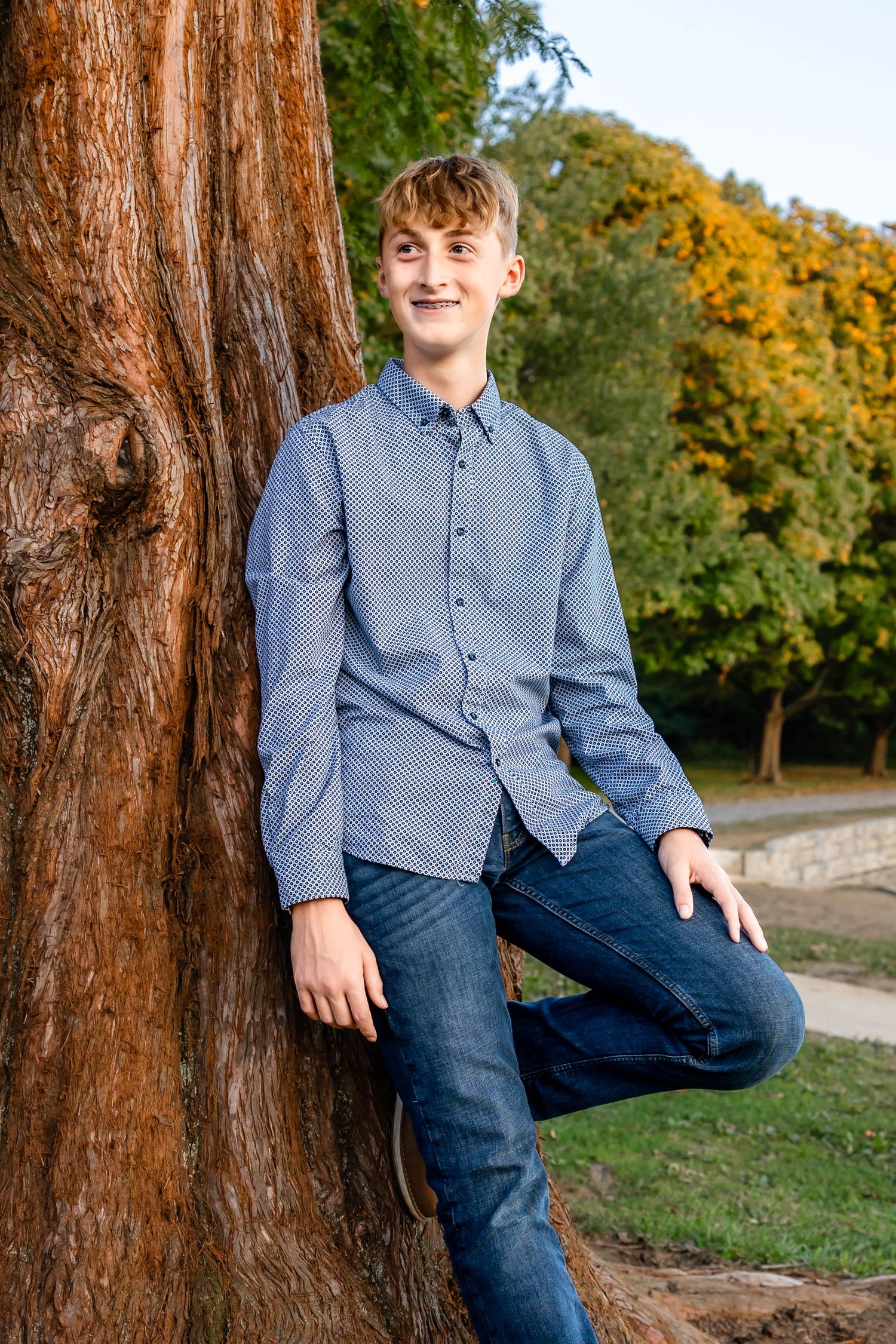 Person in blue button-down shirt and jeans leaning against large tree trunk in autumn park setting.