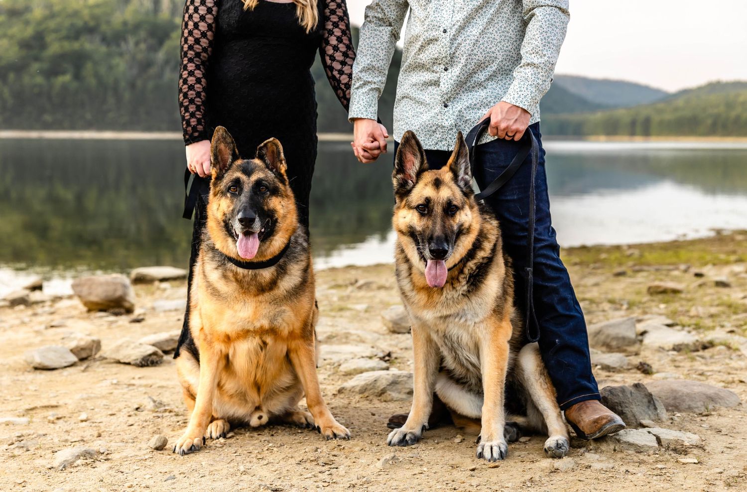 A western-styled couple stands with their German Shepherds on a rocky lakeshore at sunset.