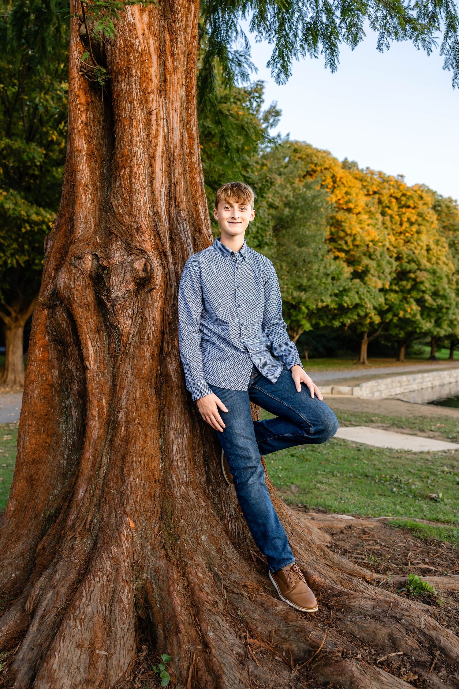 Young person in blue button-down shirt and jeans leaning against large tree trunk in park setting.