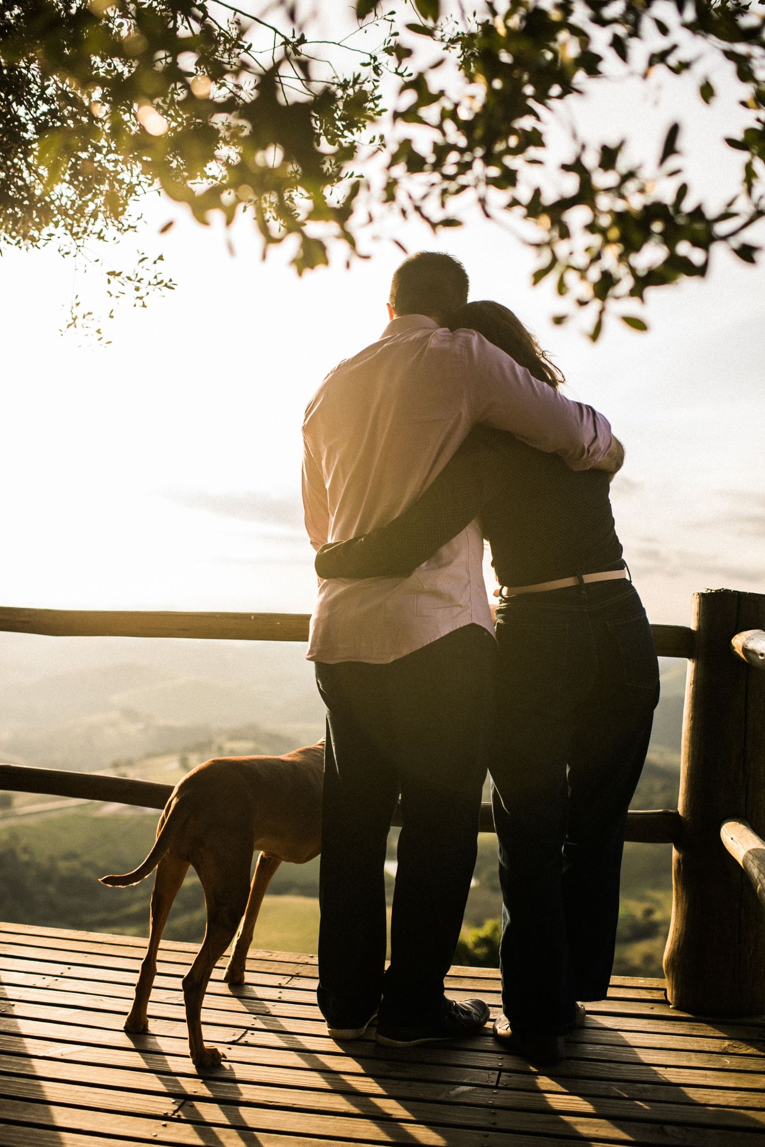 Couple and dog sit on bench during golden hour with mountains in background.