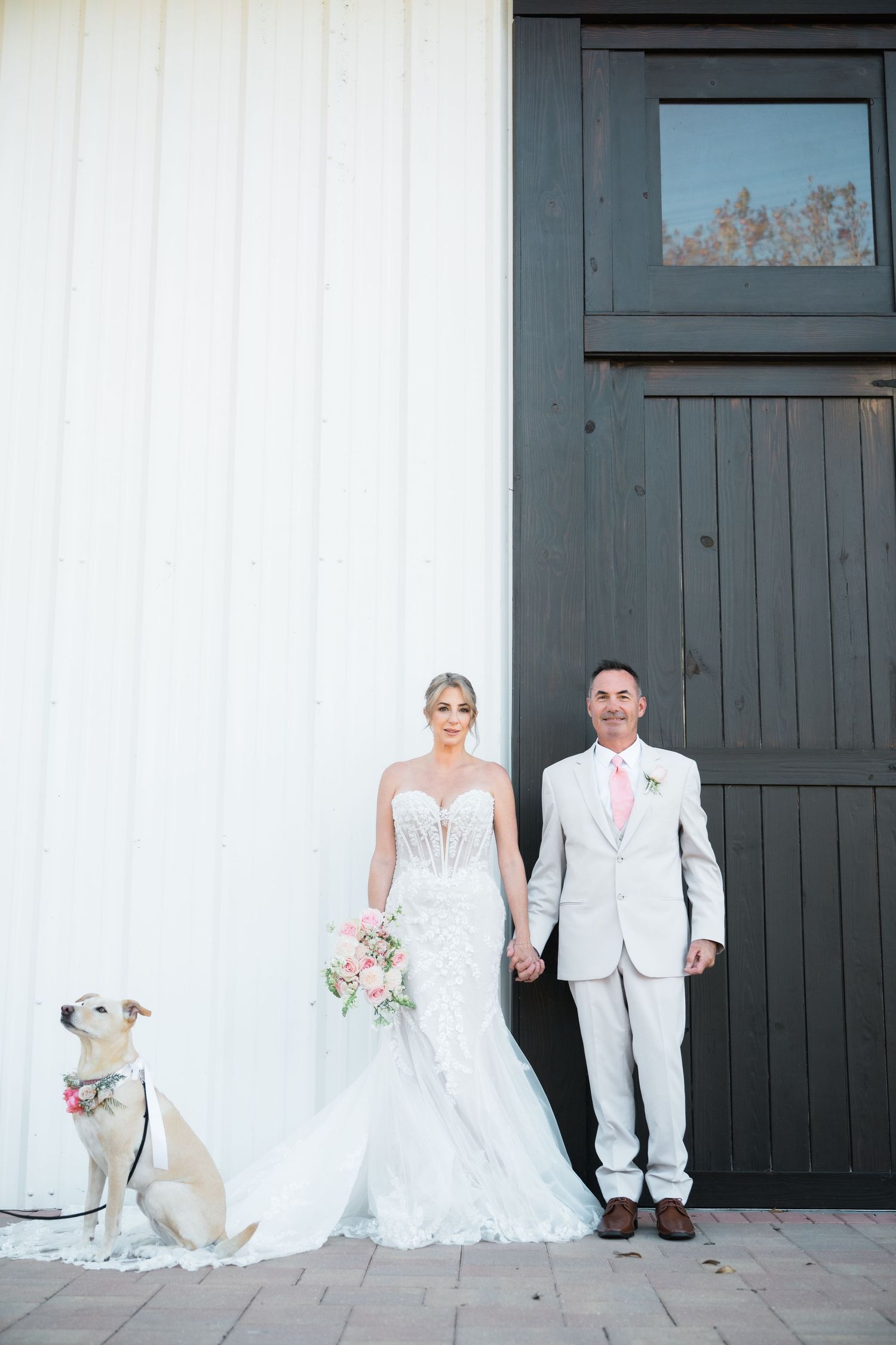 Wedding couple sits with their dog against white wall with dark wooden doors.