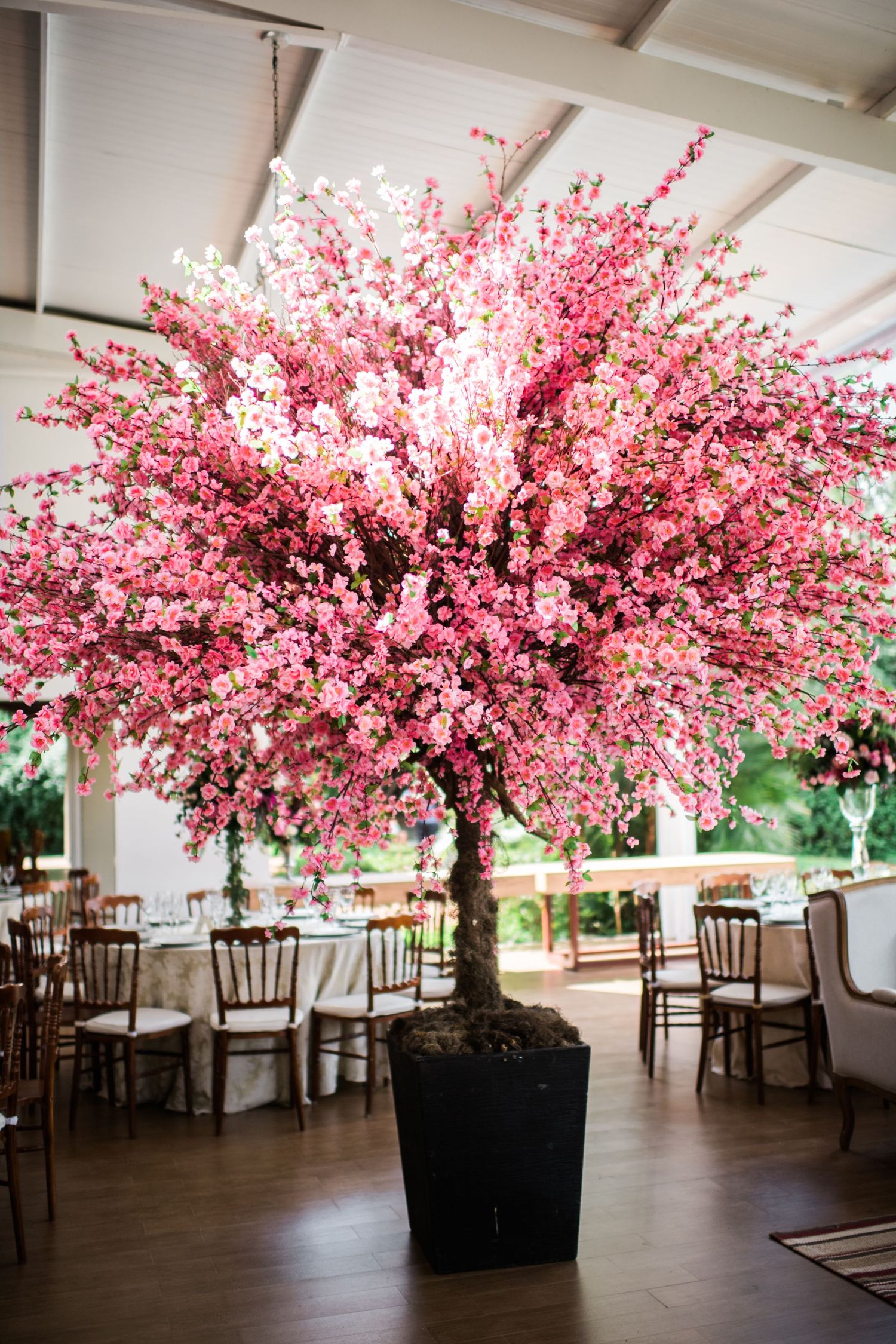 Wedding reception venue decorated with stunning pink cherry blossom trees and elegant table settings.