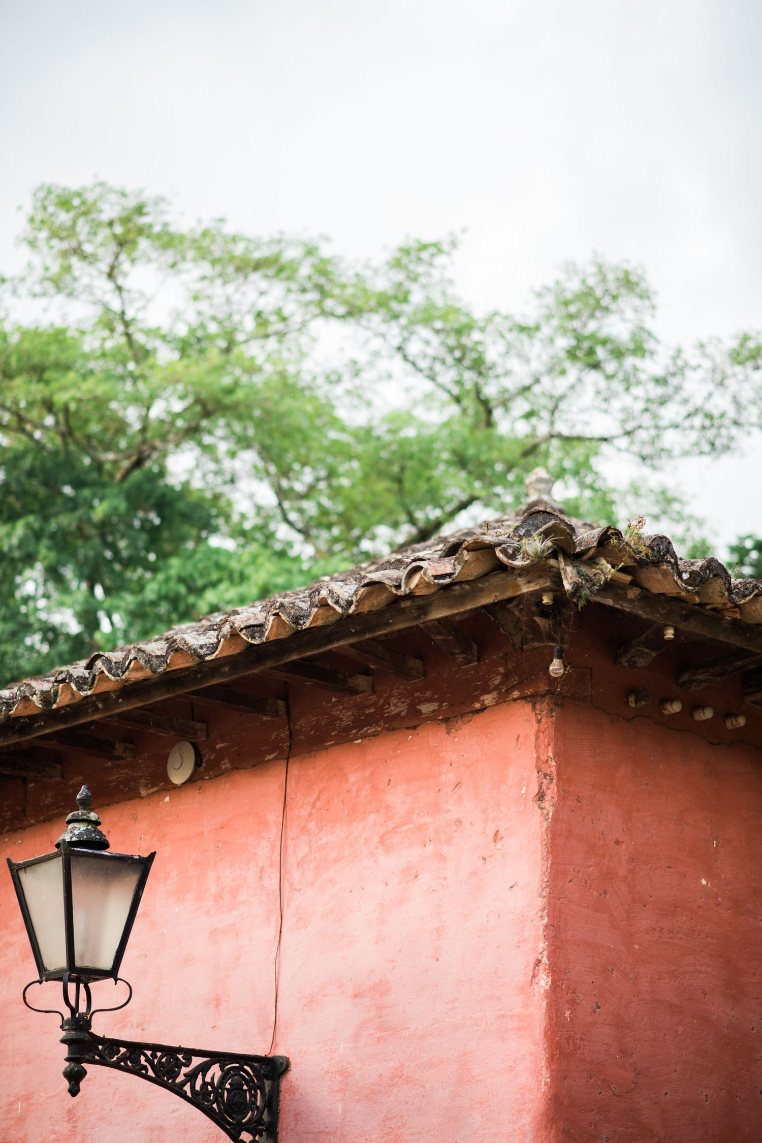 Pink stucco wall with traditional Spanish tile roof and vintage black iron lantern.