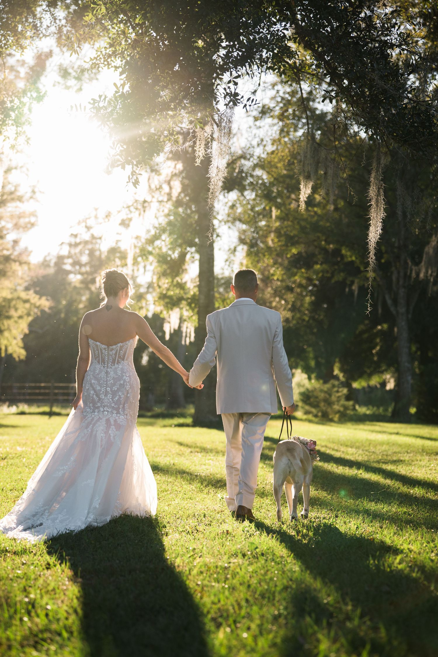 Couple walks hand in hand through sunlit garden during golden hour.