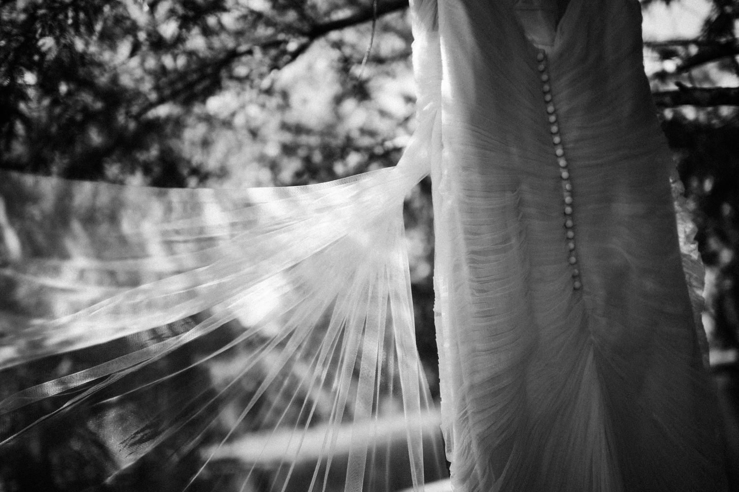 Close-up view of a flowing white wedding dress veil in natural sunlight.