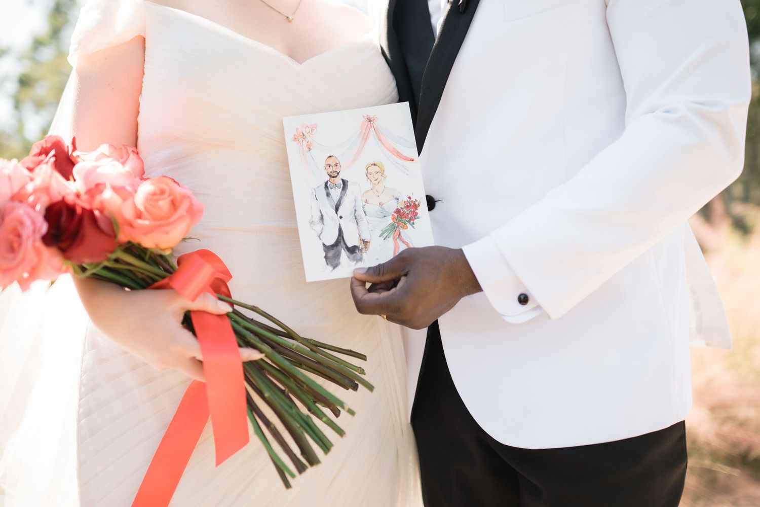 Elegant wedding details featuring a coral bouquet and formal attire.