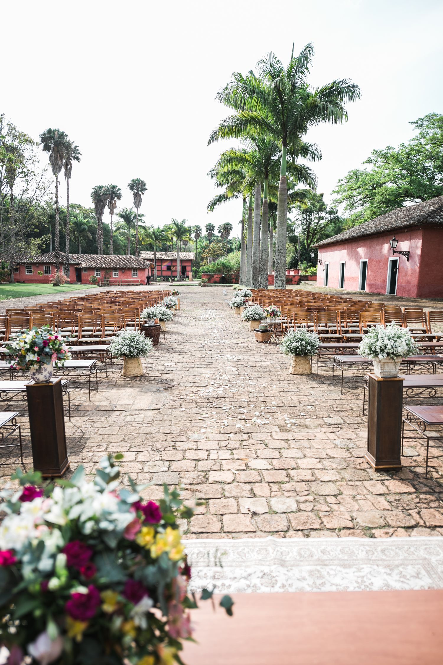 Wedding ceremony setup with wooden benches and floral arrangements lined between tall palm trees.