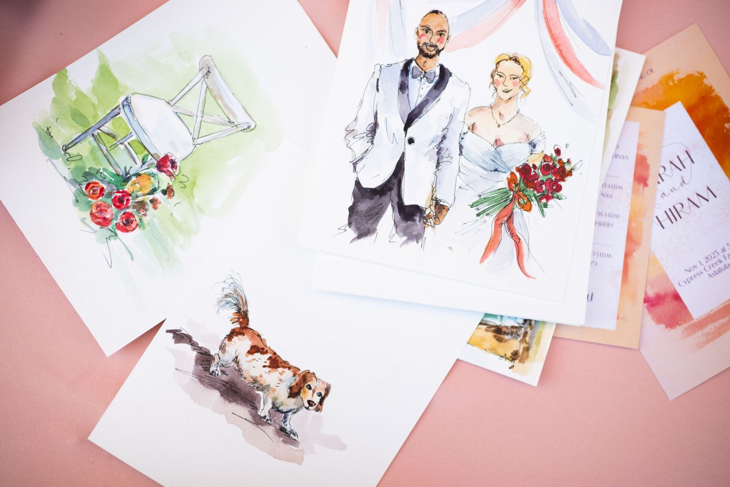 Artistic wedding invitation designs and sketches laid out on a pink background.