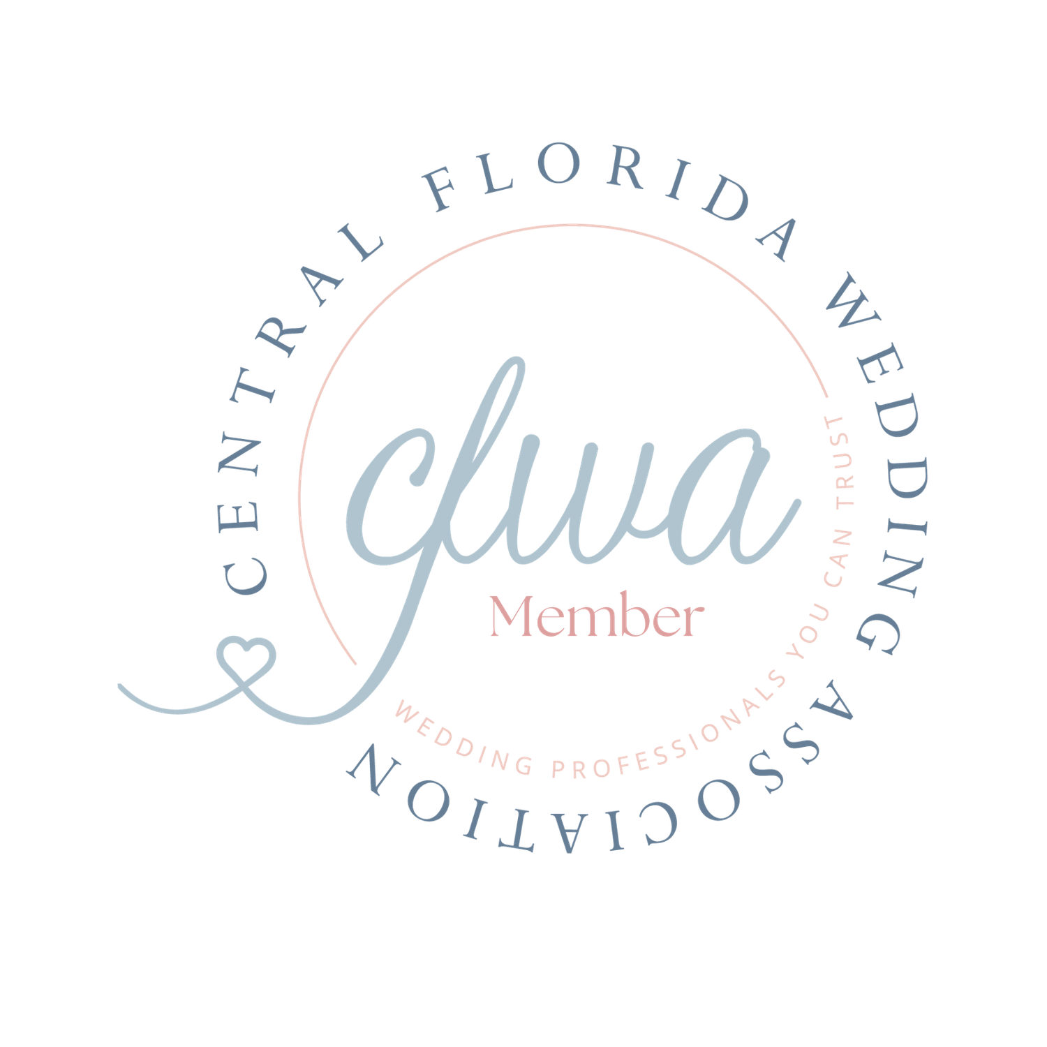 Circular wedding association logo with CFWA text in light blue and pink.