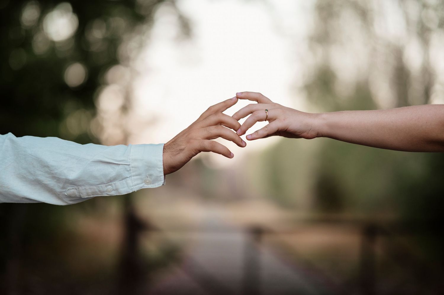 Two hands reaching out to touch each other in a tender moment against a soft blurred background.