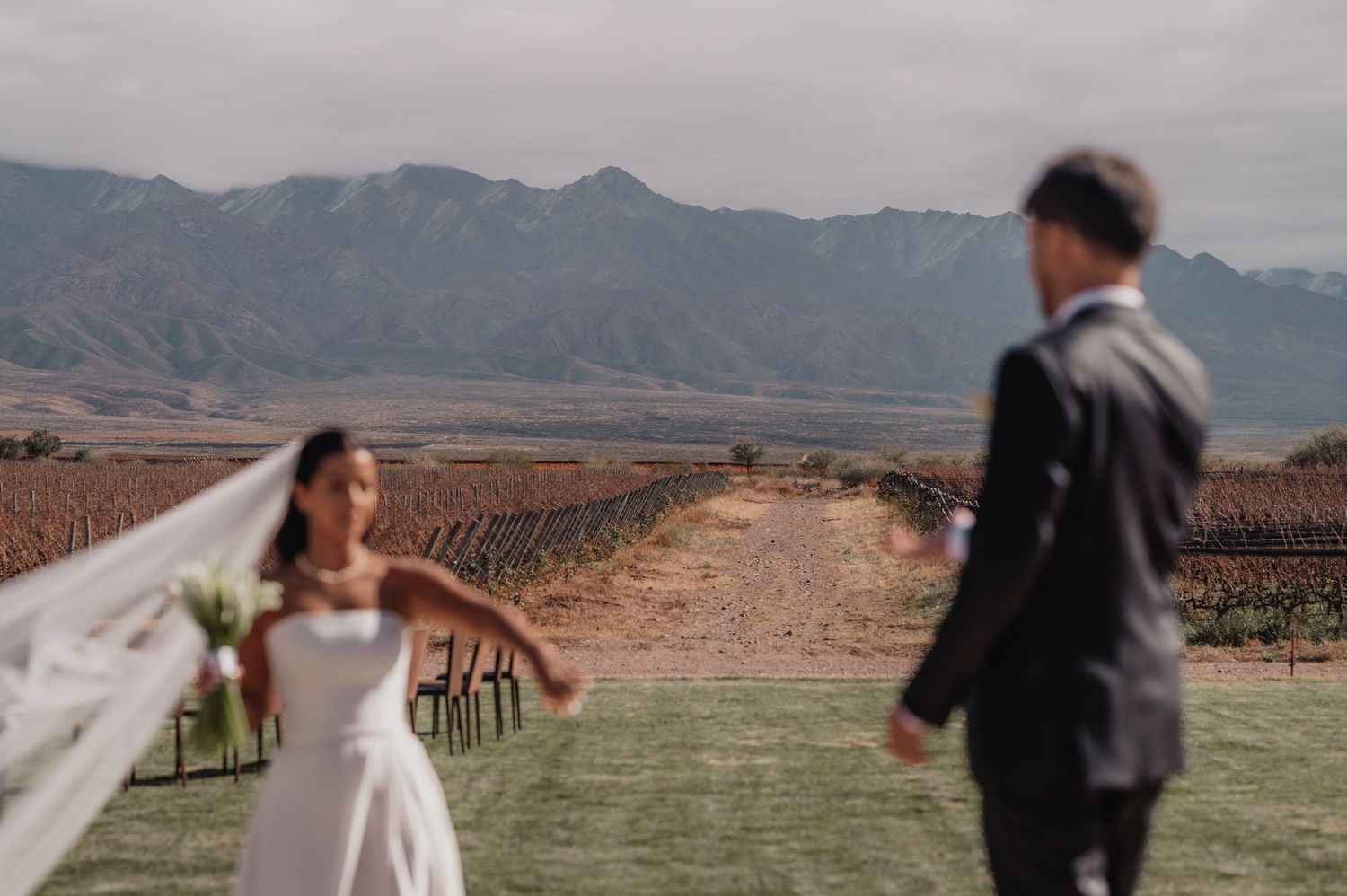 Bride in white gown with flowing veil holds groom's hand at vineyard wedding with mountain backdrop.