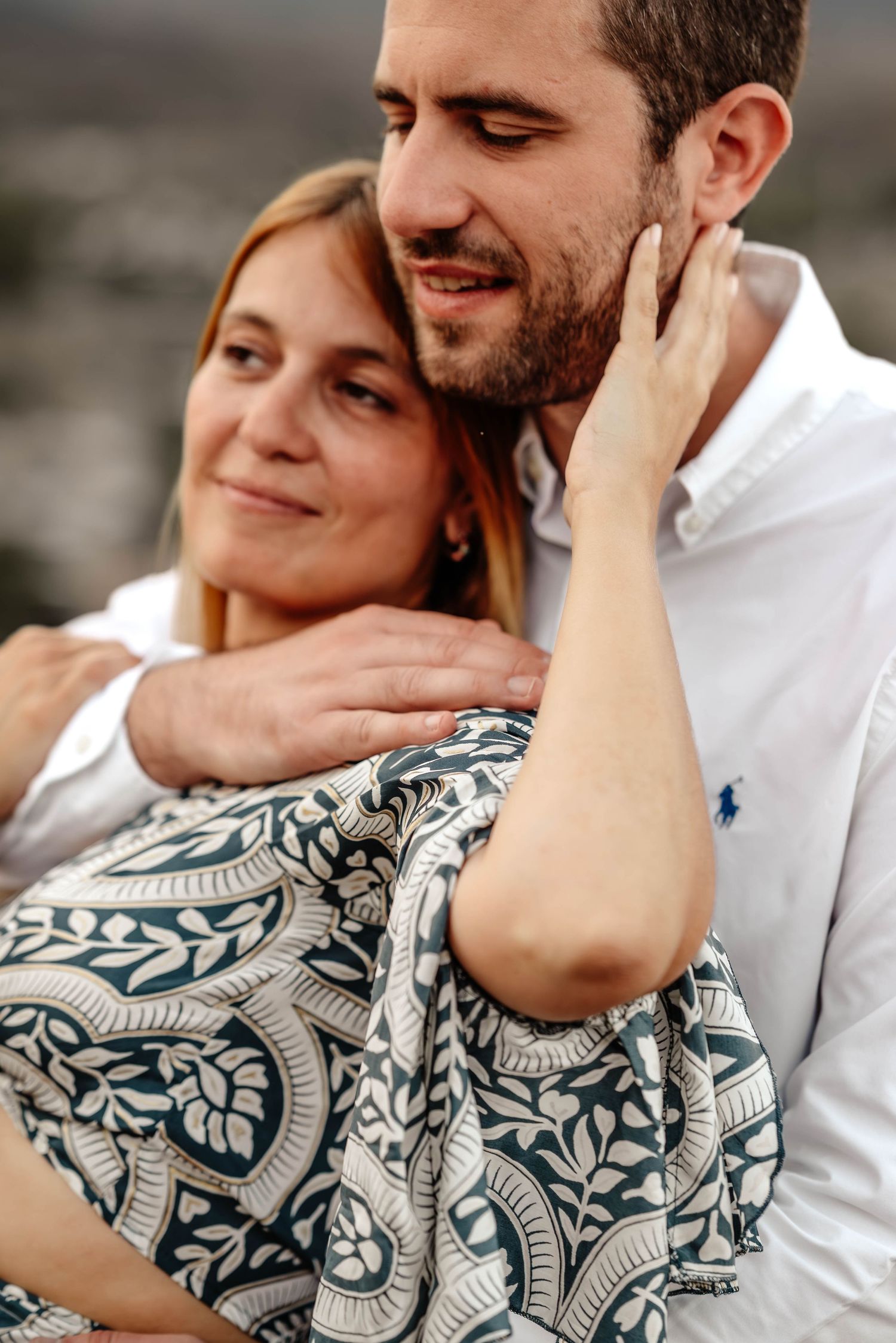 A romantic couple embraces tenderly in a series of intimate portrait photos showing affection and connection. pre boda
