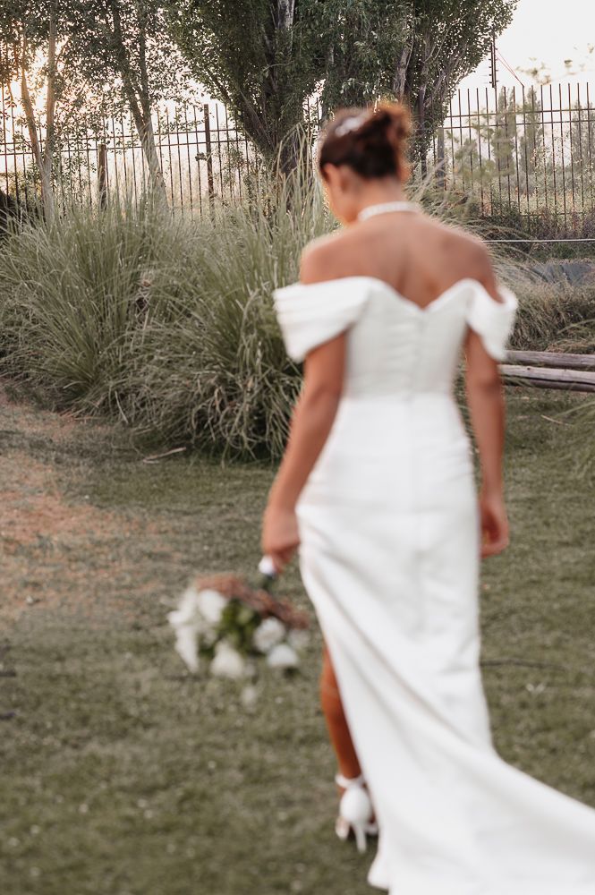 A series of photos showing the back of a wedding dress with cap sleeves against a natural outdoor garden setting. wedding in mendoza