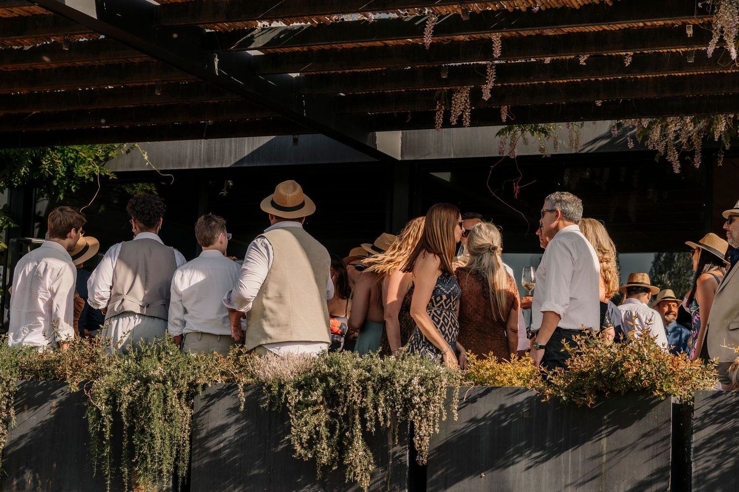 A panoramic view of wedding guests mingling at an outdoor reception with decorative greenery and lighting.