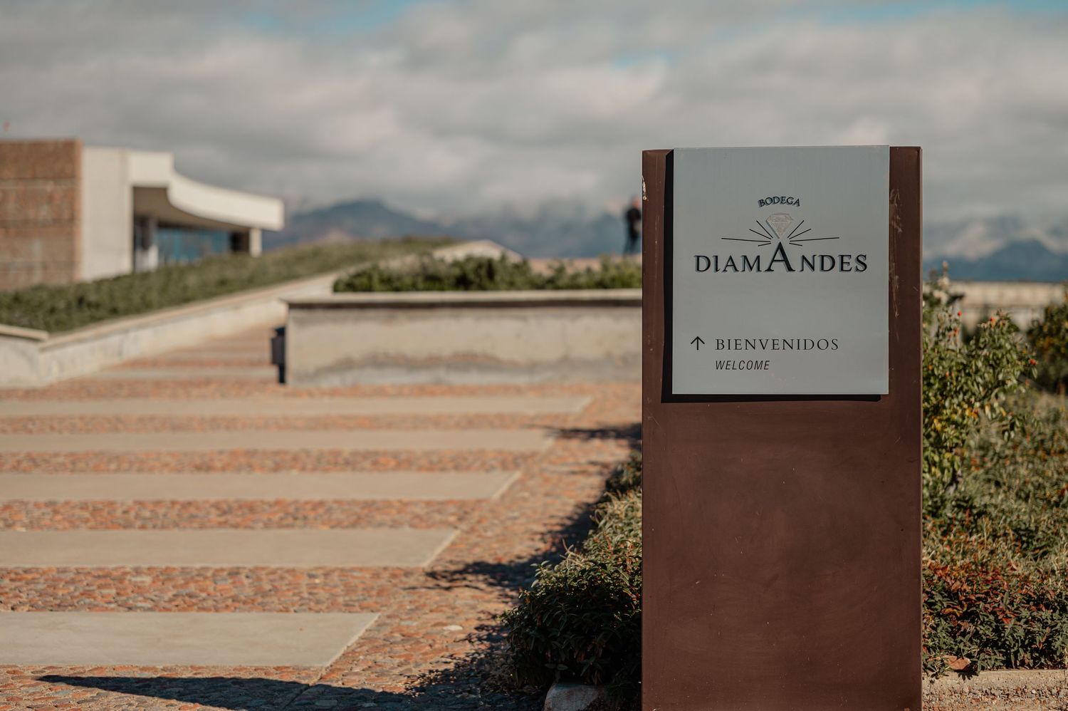 DiamAndes winery entrance sign with mountain backdrop and landscaped pathway in Mendoza, Argentina.