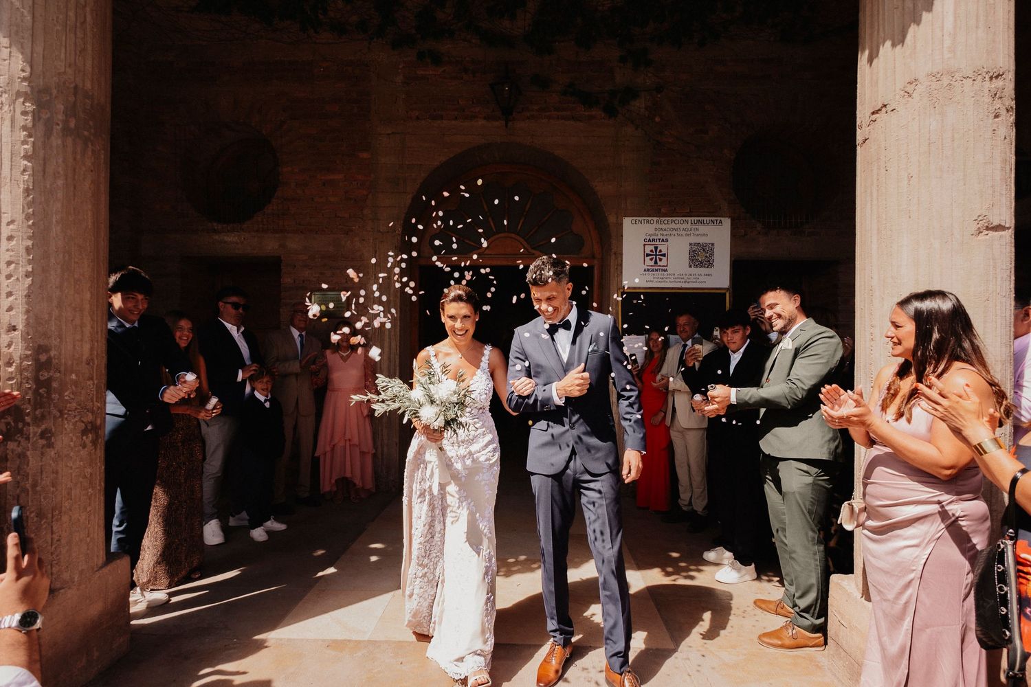 A panoramic collage of wedding guests dancing and celebrating at a rustic venue with string lights.