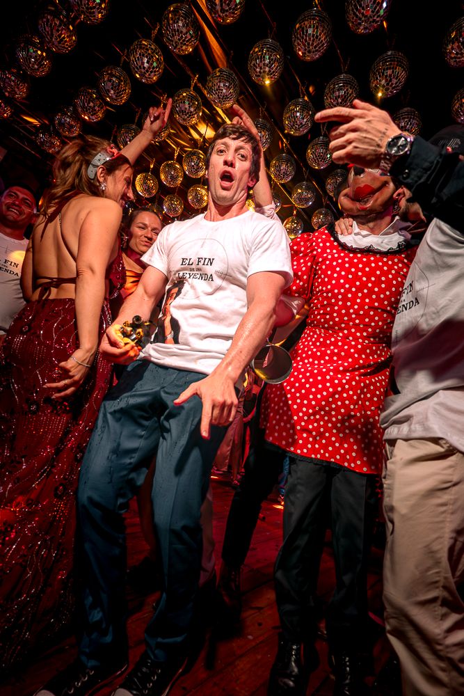 Sequence of photos showing people dancing energetically at a party with red lighting and festive atmosphere.