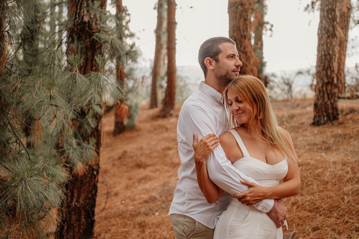 A romantic couple embraces while standing among tall pine trees in a forest setting during golden hour.