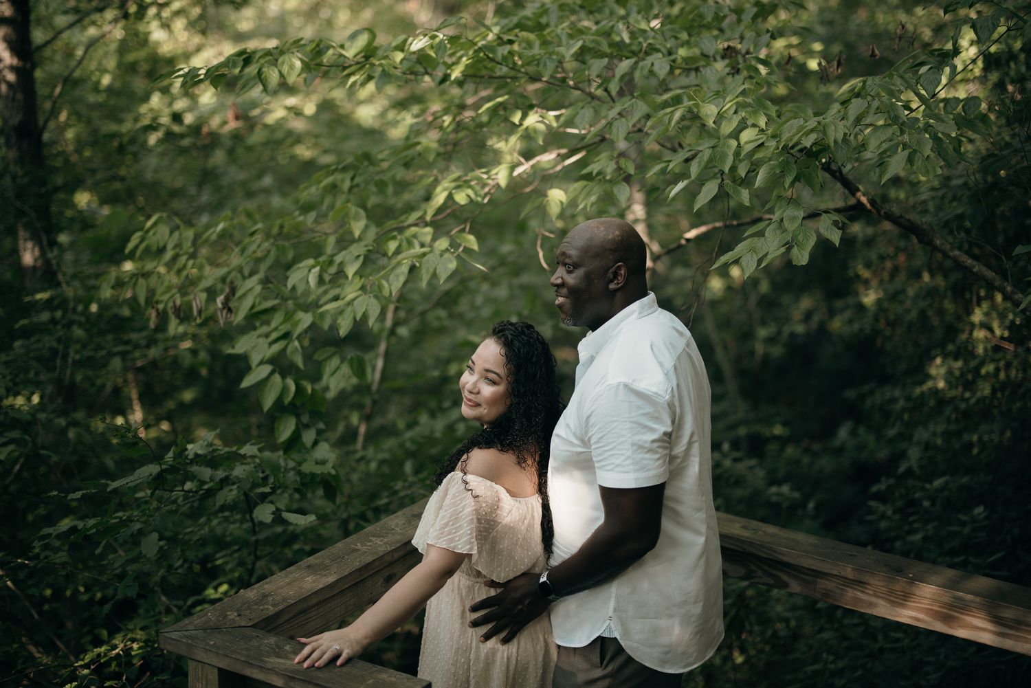 Romantic portraits on the Roswell Mills covered bridge.