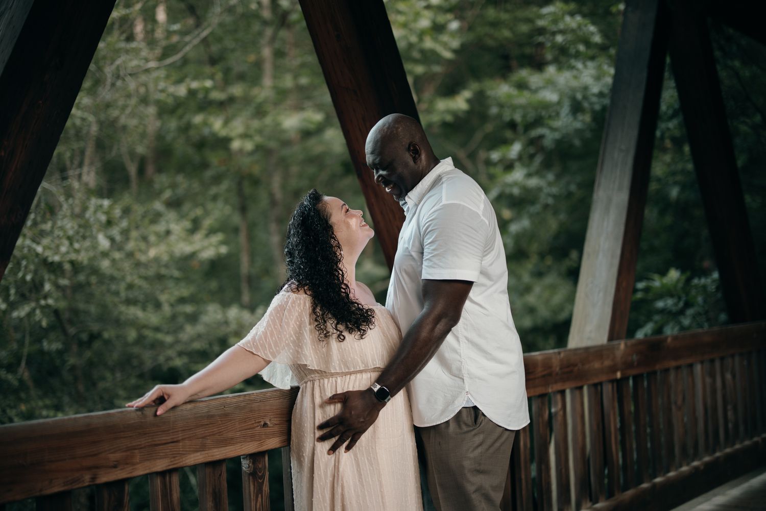 Romantic portraits on the Roswell Mills covered bridge.