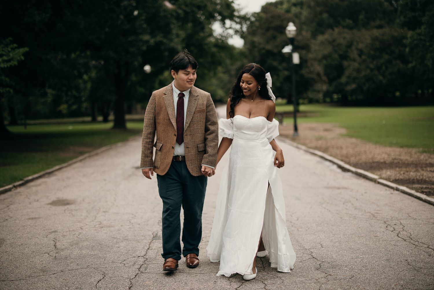 Romantic elopement session stroll through the lush greenery of Piedmont Park, Midtown.