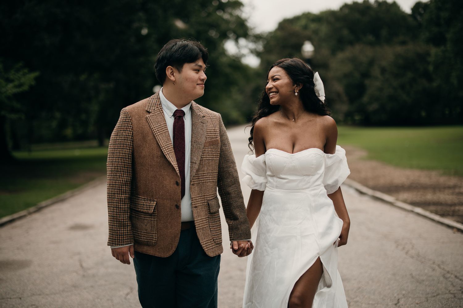 Romantic elopement session stroll through the lush greenery of Piedmont Park, Midtown.