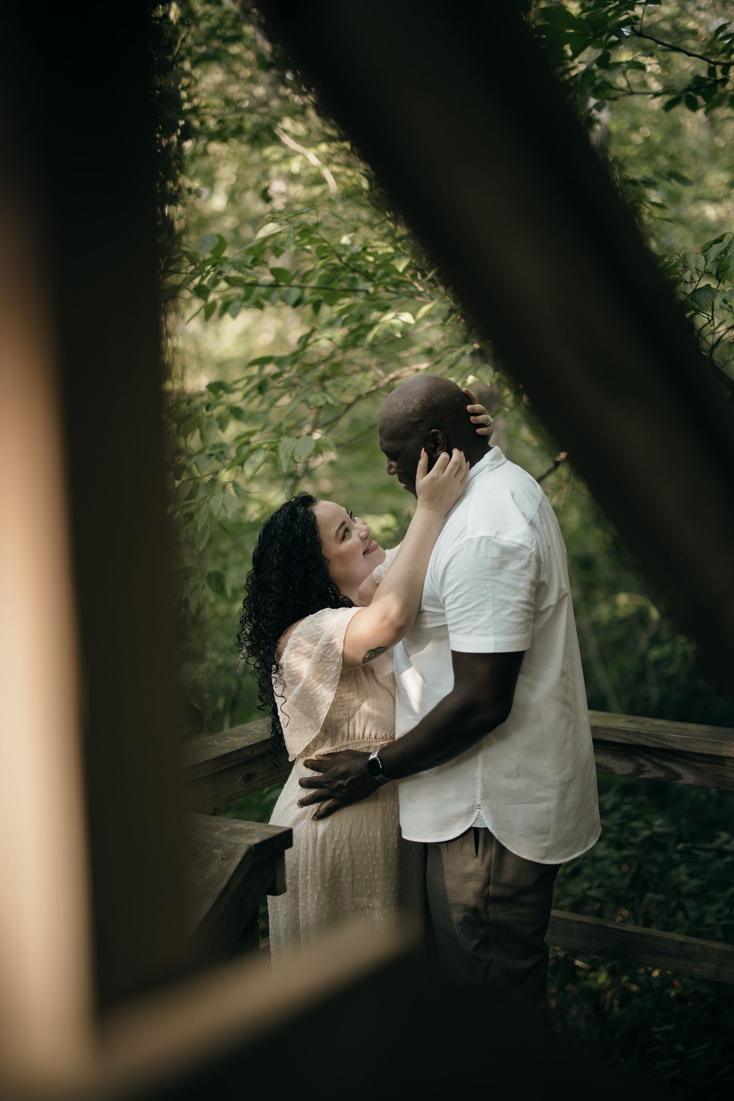 Romantic portraits on the Roswell Mills covered bridge.