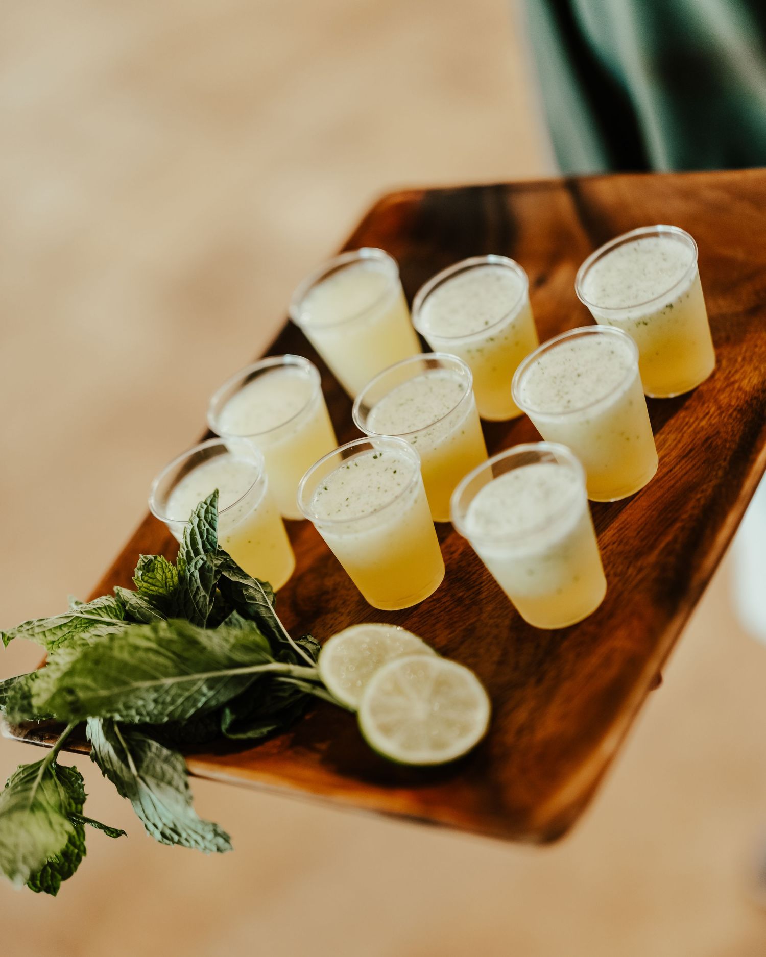 Wooden serving board with refreshing cocktails garnished with fresh herbs. Session in Phoenix Arizona