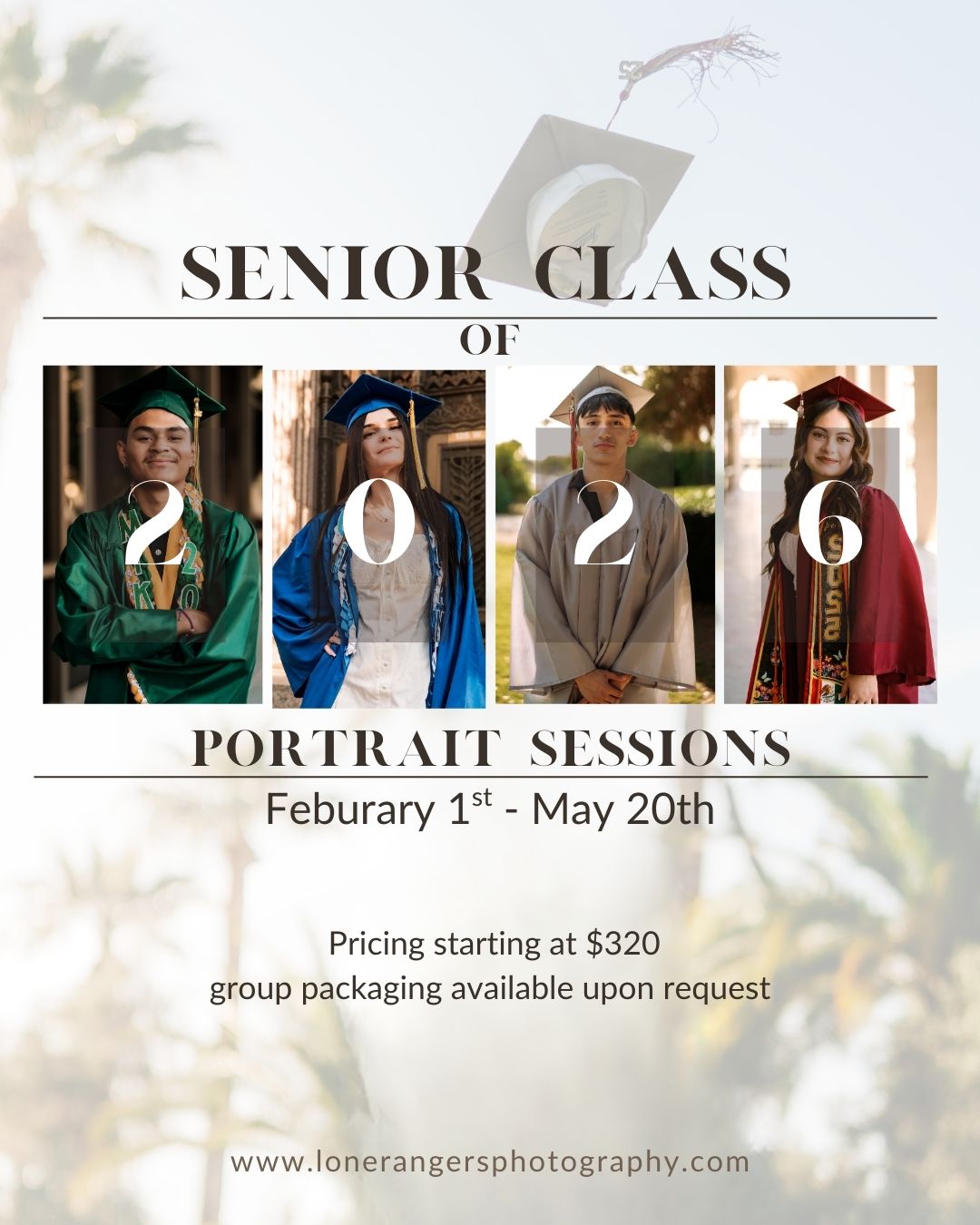 Graduation photo session advertisement banner showing students in caps and gowns with pricing and dates for senior portraits.
