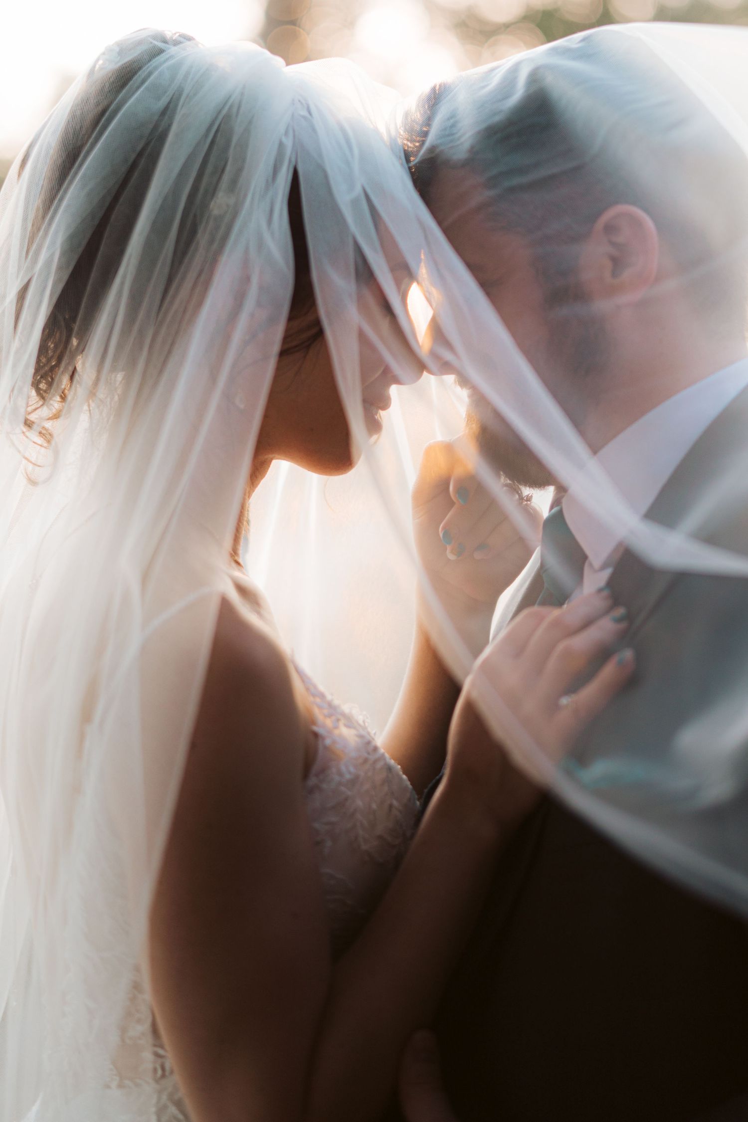 Romantic wedding photo of couple kissing under delicate bridal veil in soft sunlight.