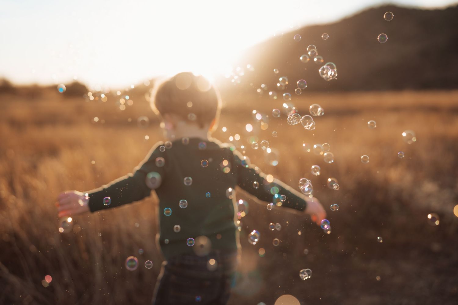 Person playing with soap bubbles in golden sunlit field at sunset.