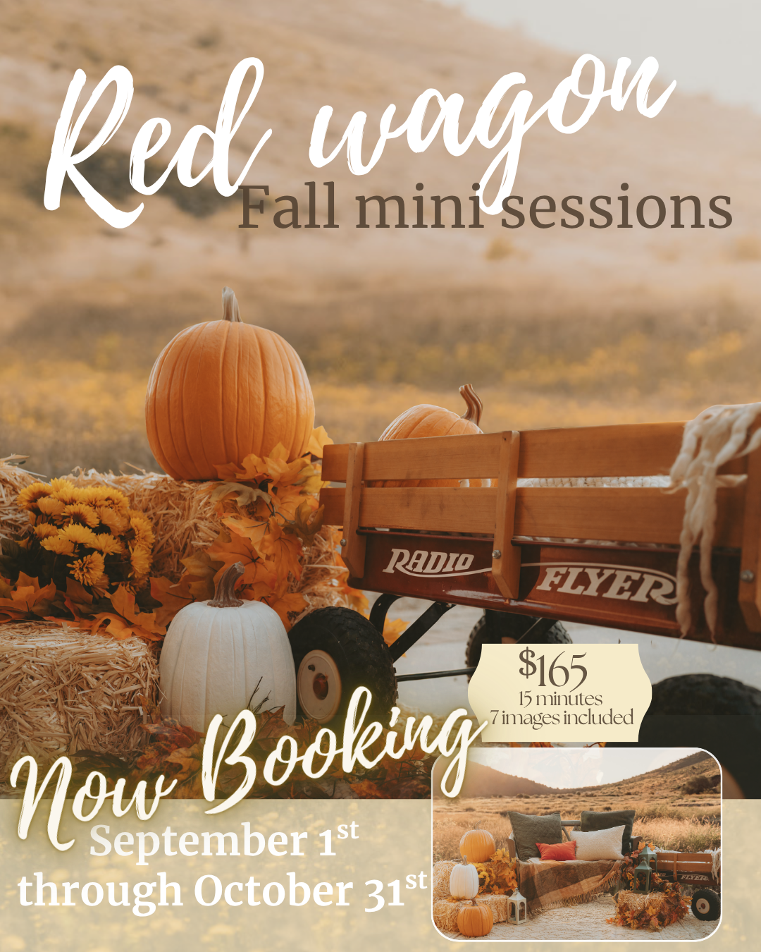Red wagon fall mini photography sessions now booking September through October, $165 for 15 minutes and 7 images.