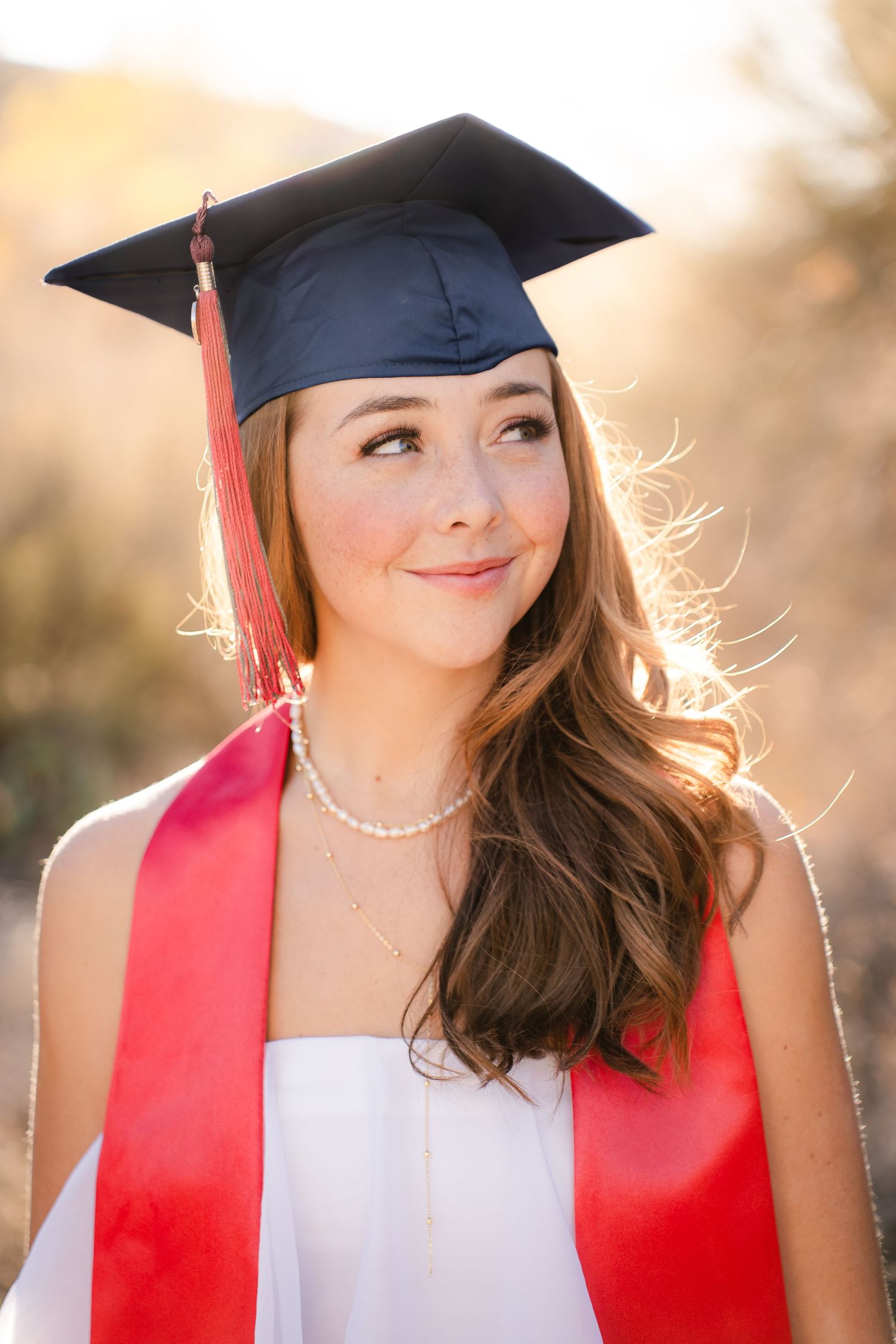 Graduation photos with backlit subject wearing cap and red stole in desert setting.