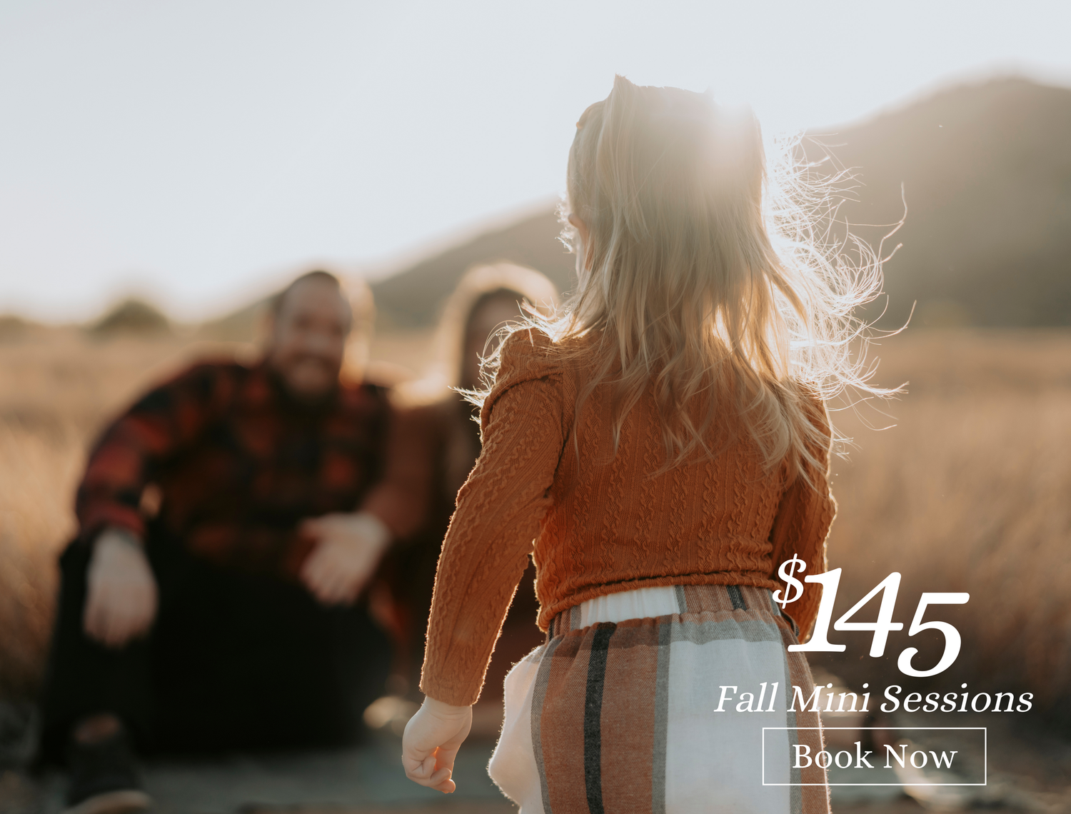 Backlit autumn photo session advertisement showing silhouette against golden light. Fall Mini Session in Phoenix Arizona