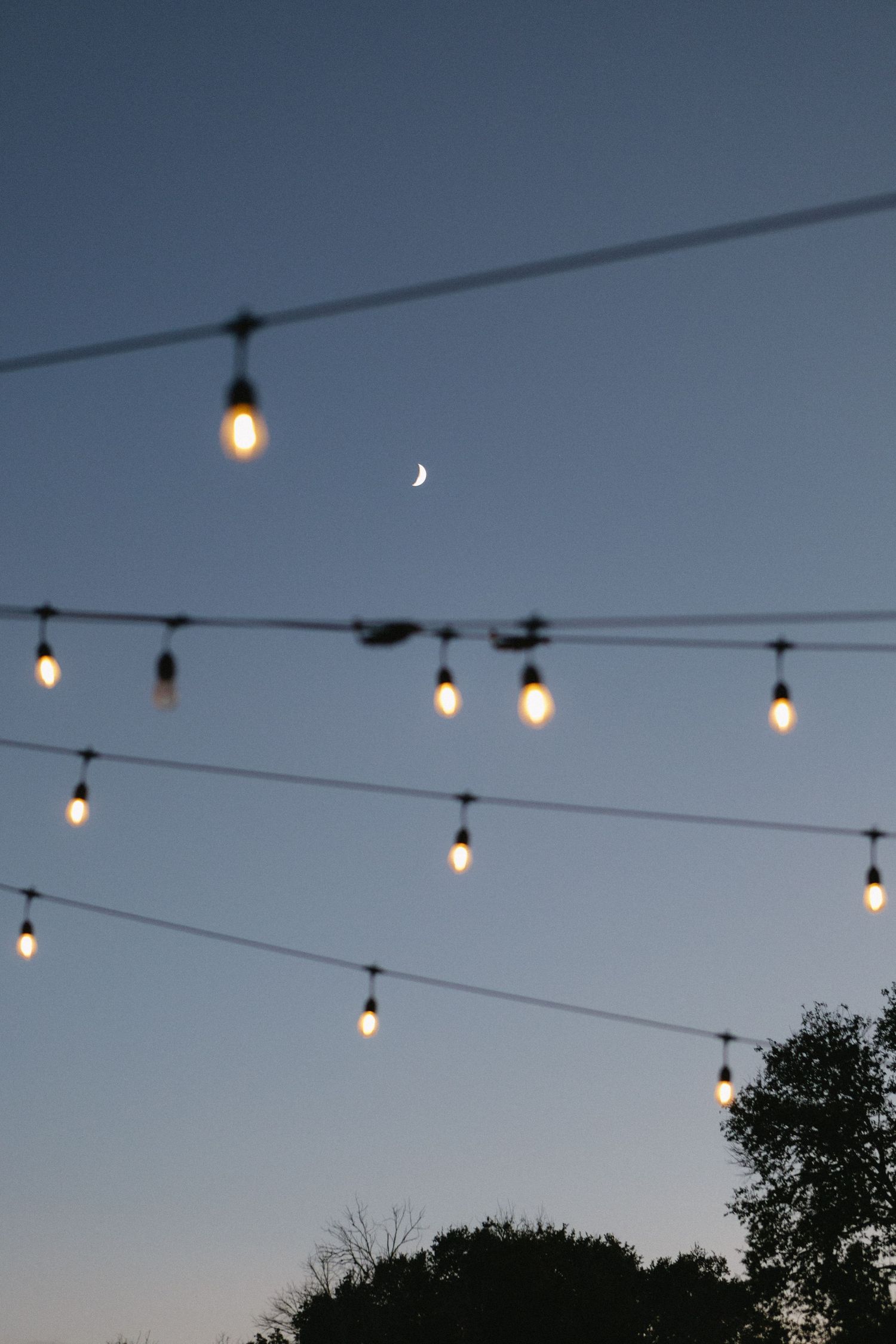 String lights glowing warmly against a twilight blue sky with a crescent moon visible above tree silhouettes.