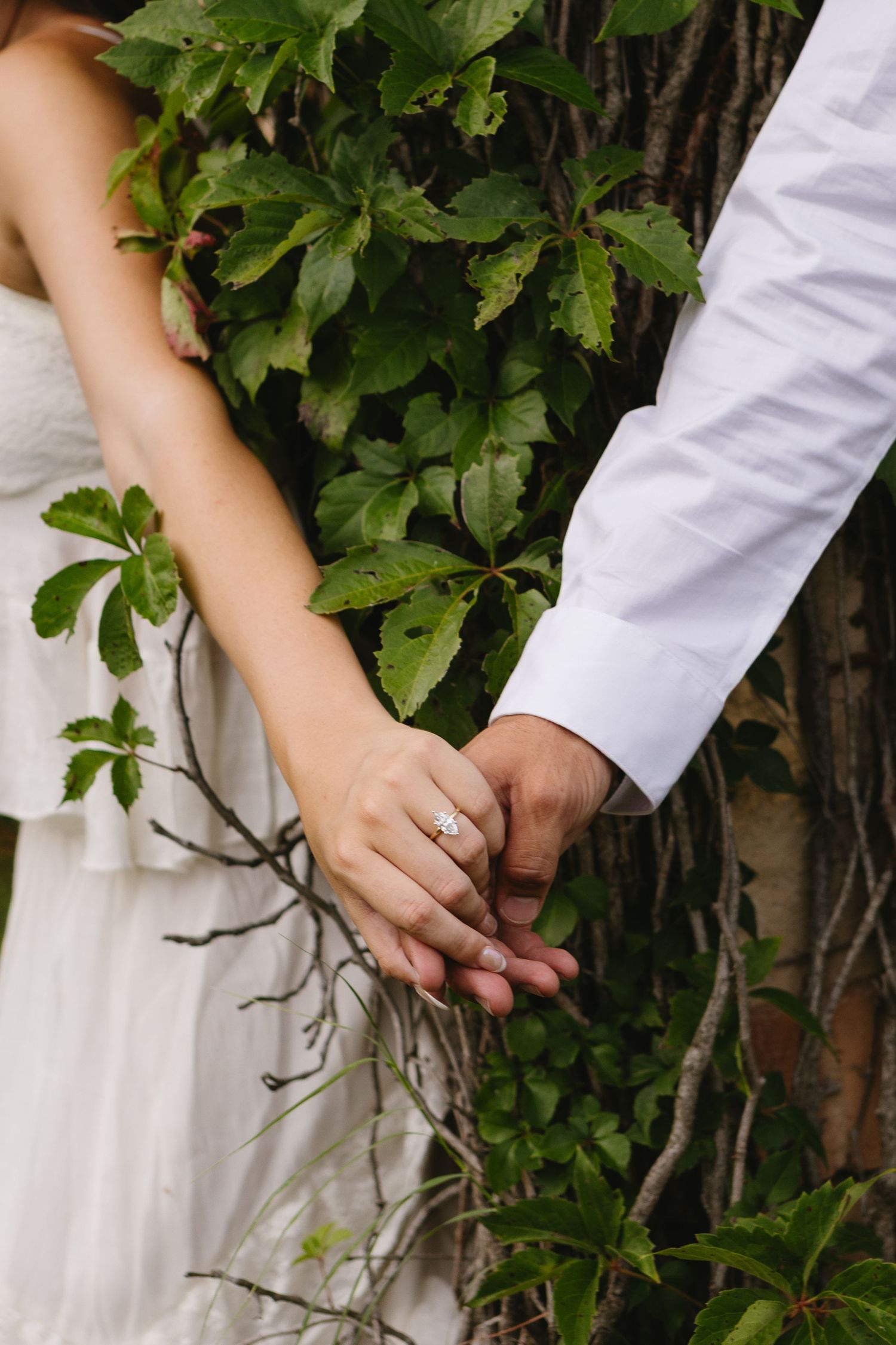 Couple holding hands with diamond engagement ring, wearing white dress and shirt, surrounded by lush green ivy leaves.