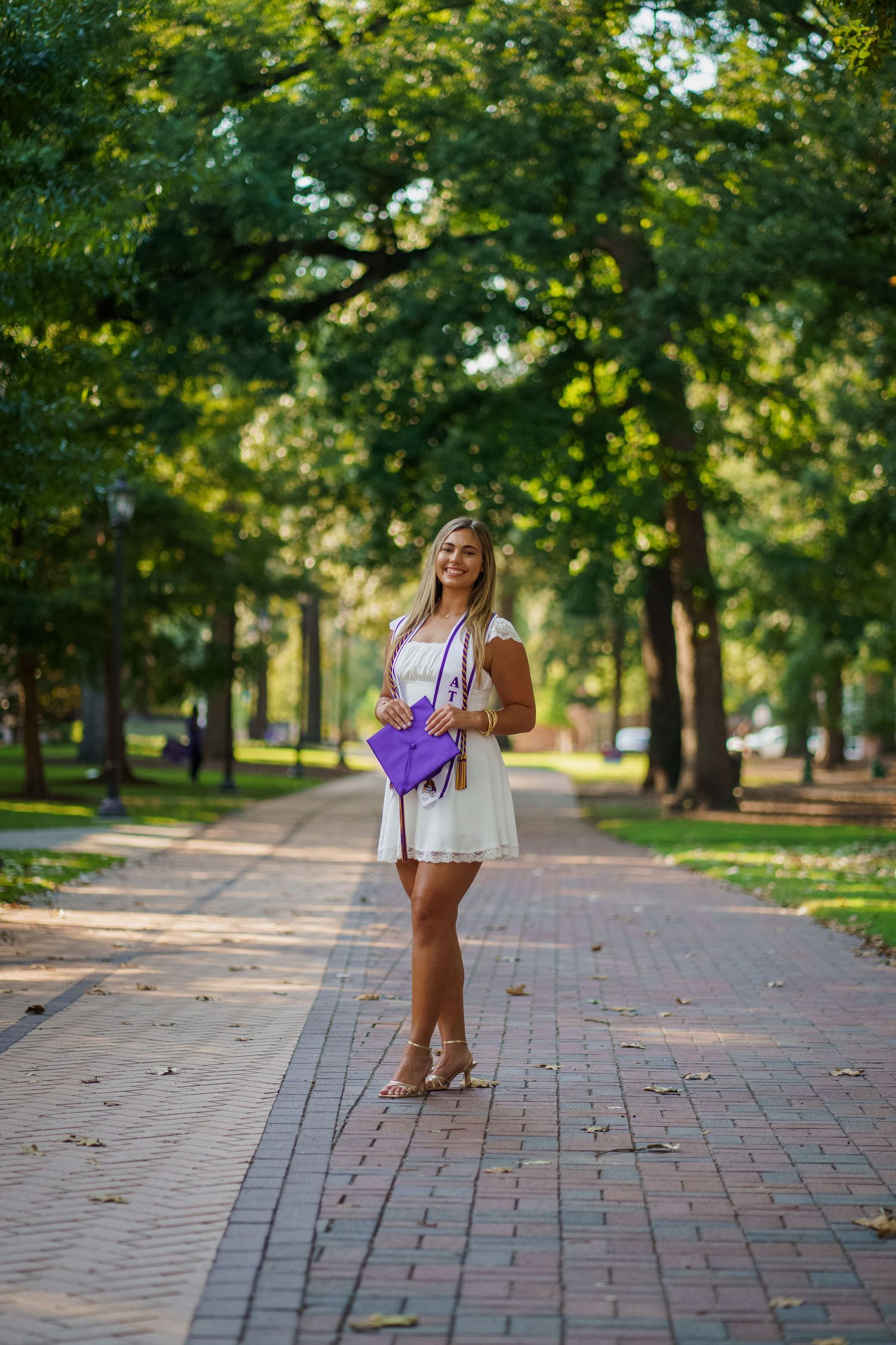 A summer portrait on a brick pathway surrounded by lush green trees in a park setting.