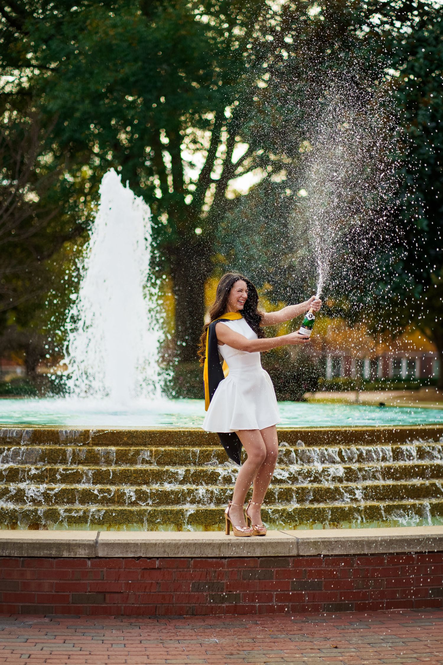 A celebratory scene with champagne spray at a fountain on a warm summer evening.