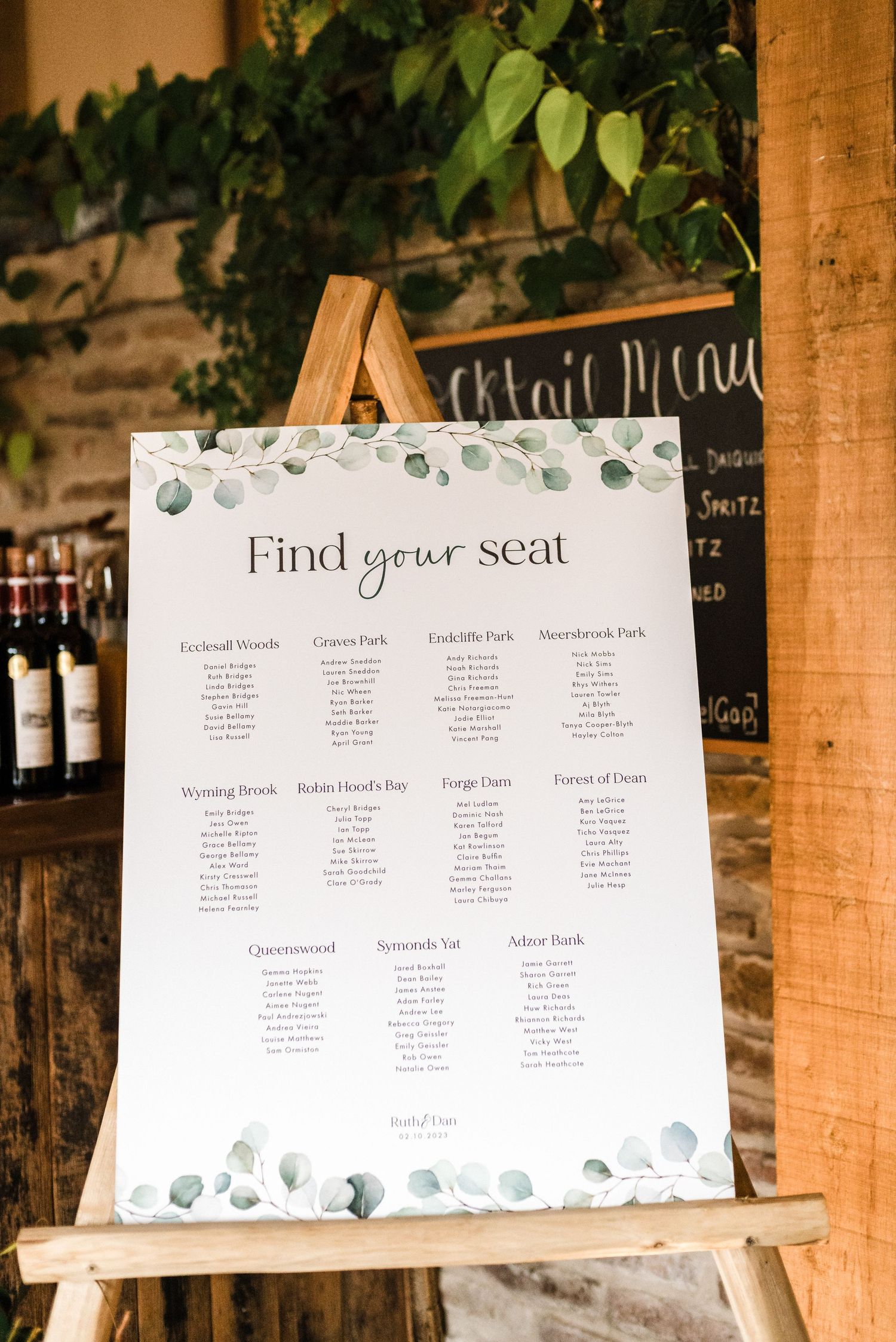 Elegant wedding seating chart with eucalyptus design displayed on wooden easel.