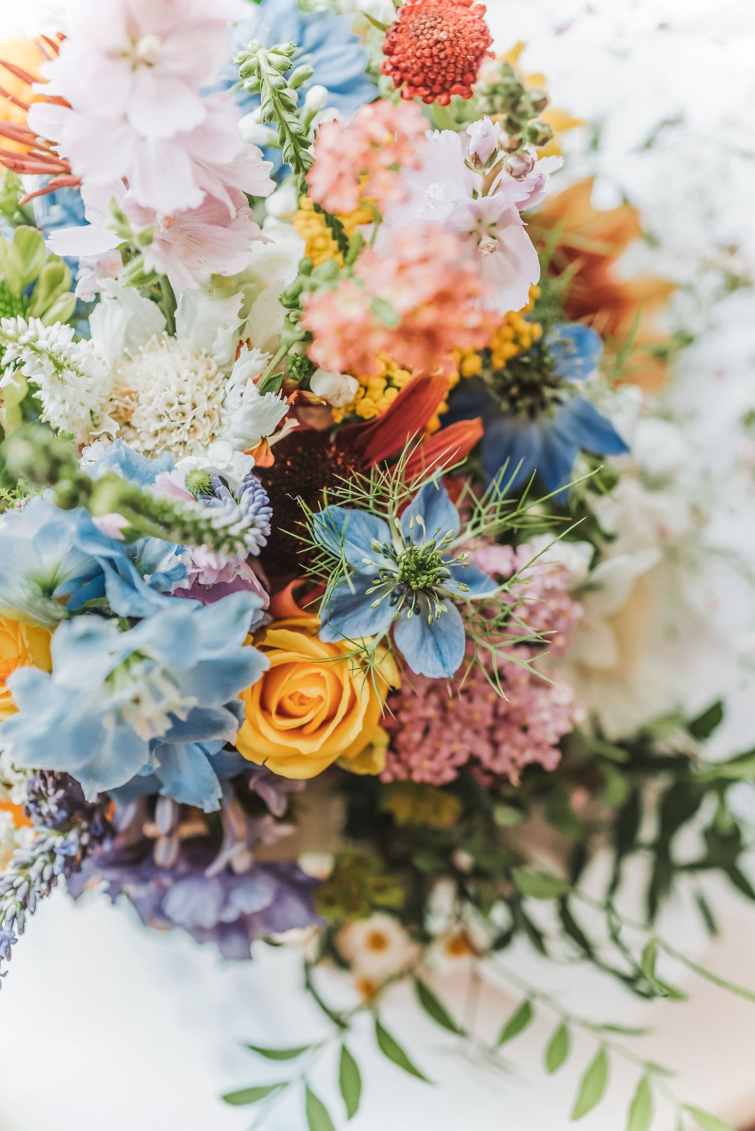 Vibrant wedding bouquet featuring colorful roses, blue delphiniums, and mixed seasonal flowers in soft focus.