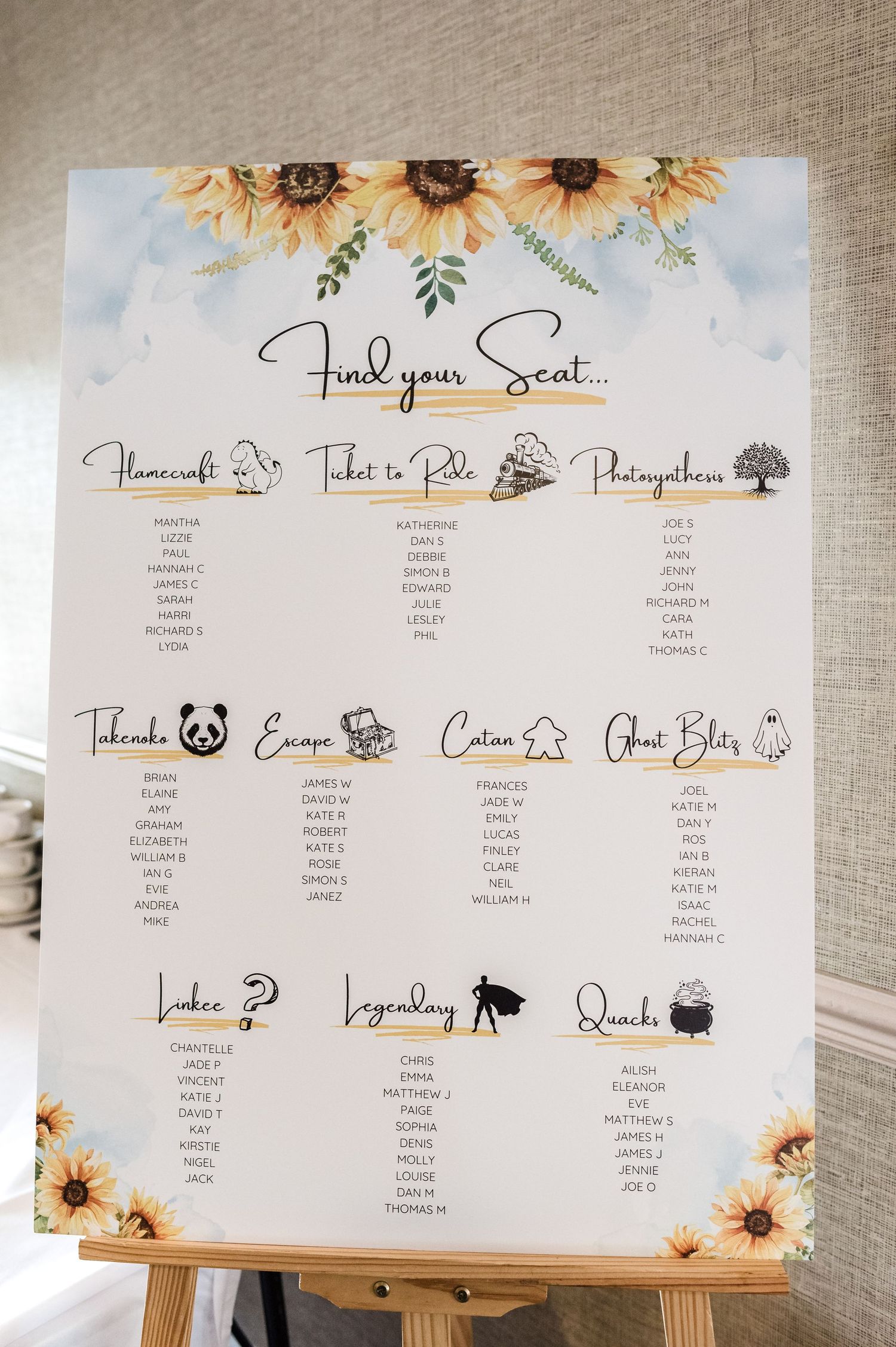 Sunflower themed wedding seating chart with animal icons dividing guest tables.