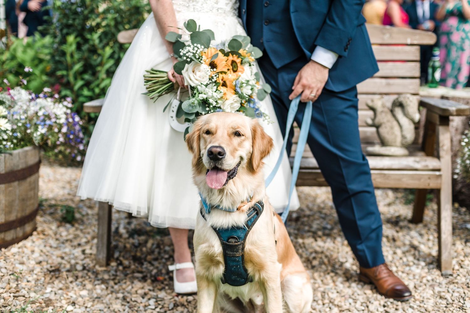 Golden retriever in formal attire poses with wedding couple's lower bodies and bouquet.