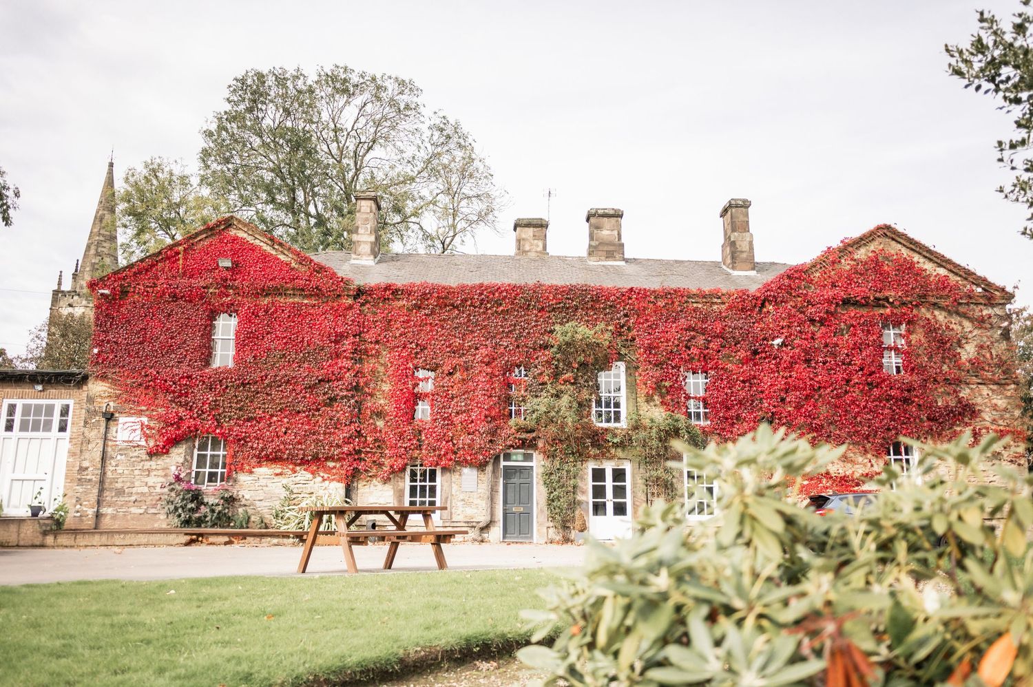 Historic red brick manor house covered in vibrant autumn ivy.