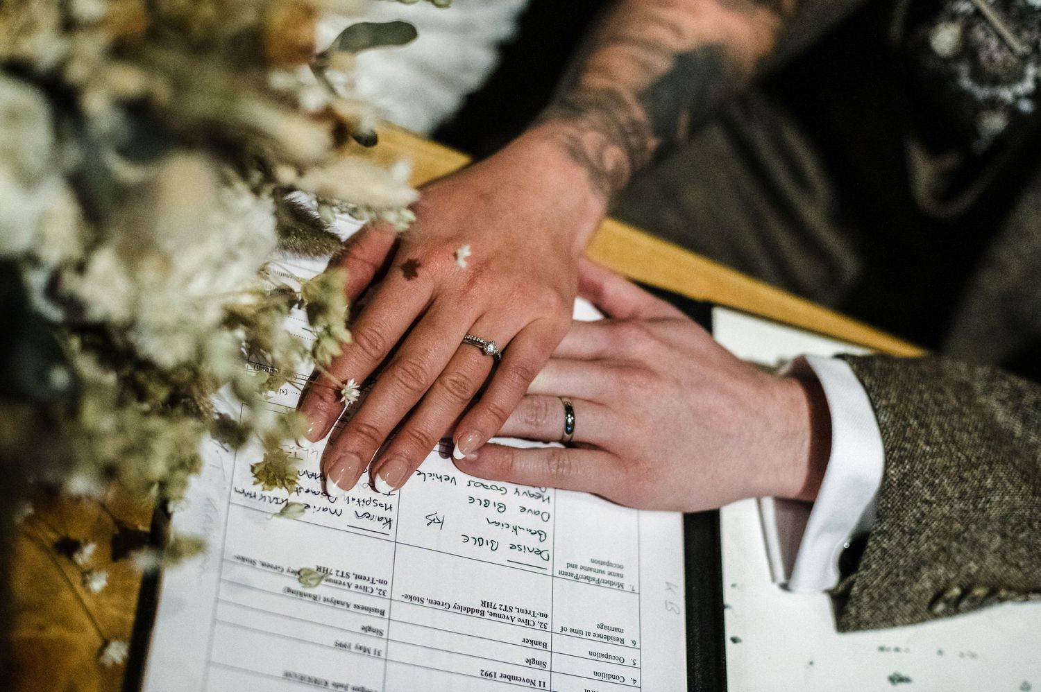 Close up of hands with wedding rings on marriage certificate.