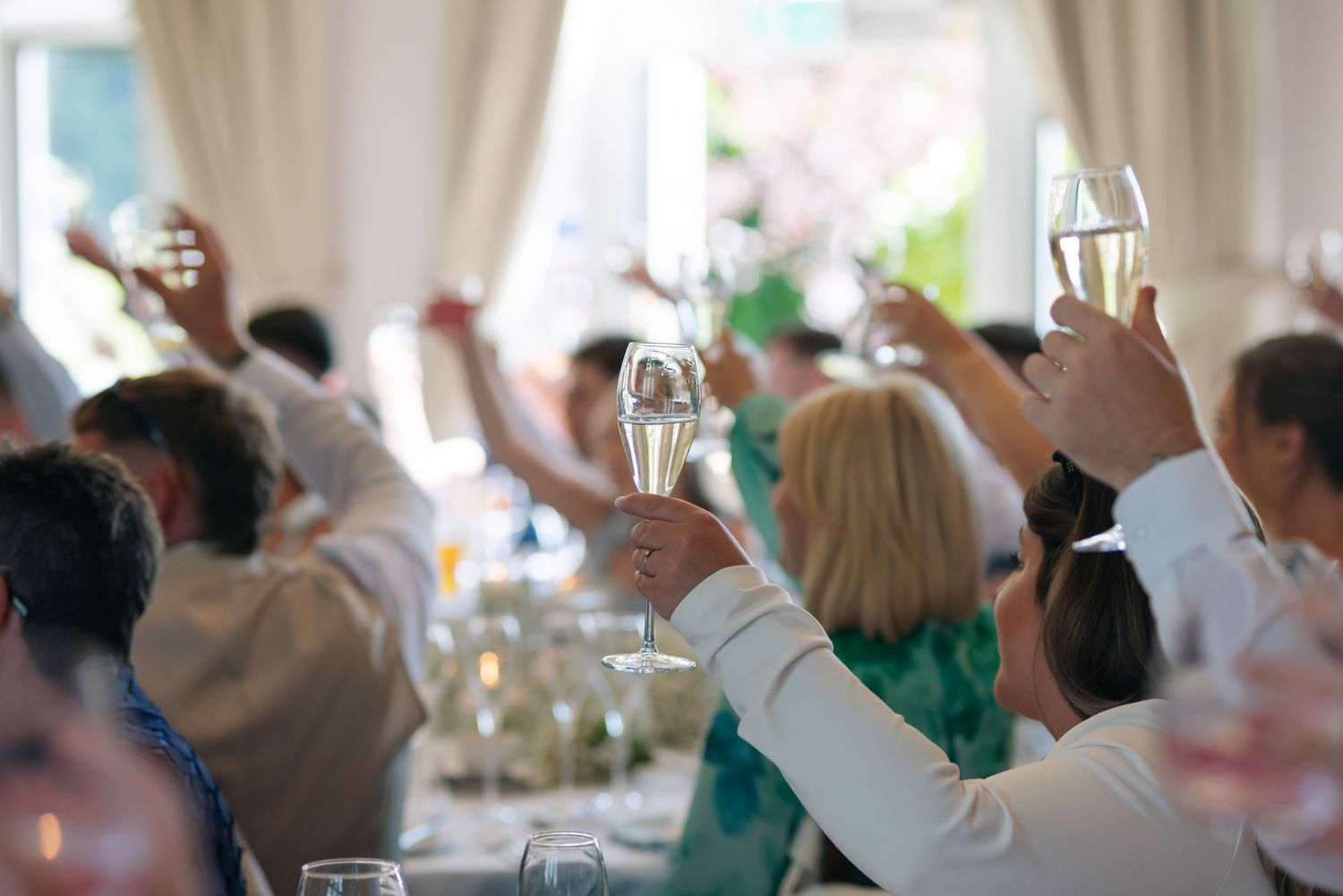 Wedding reception guests raise their glasses in celebration.