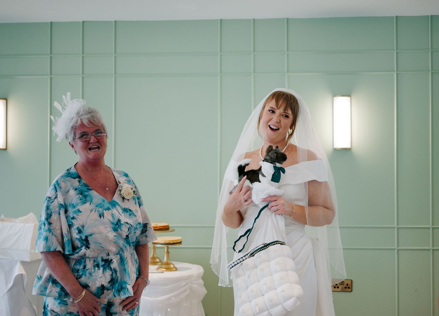 Wedding guests enjoying moments at a reception with mint green walls.