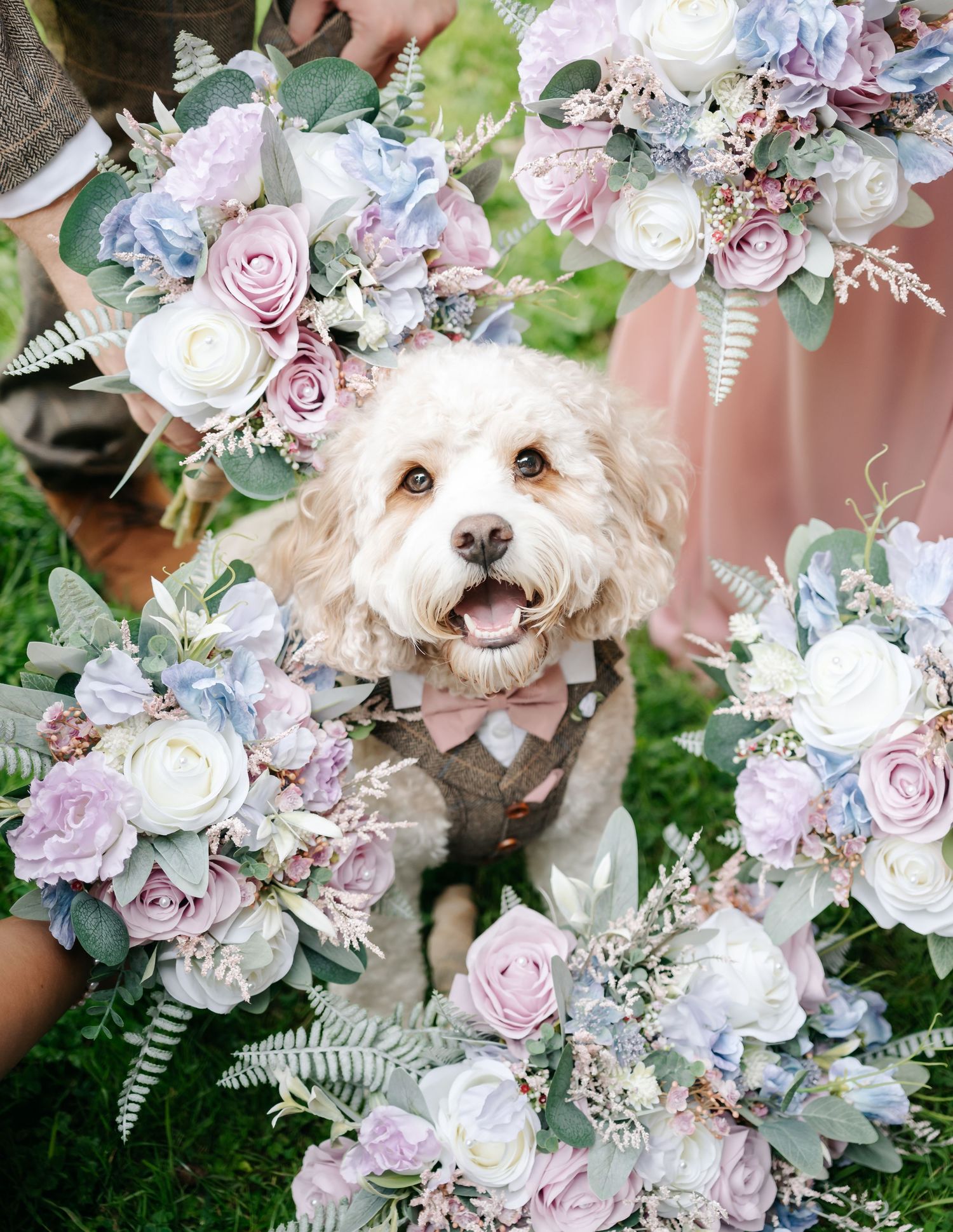 A fluffy white dog in a bow tie sits surrounded by pastel pink, purple, and white floral bouquets at a wedding.